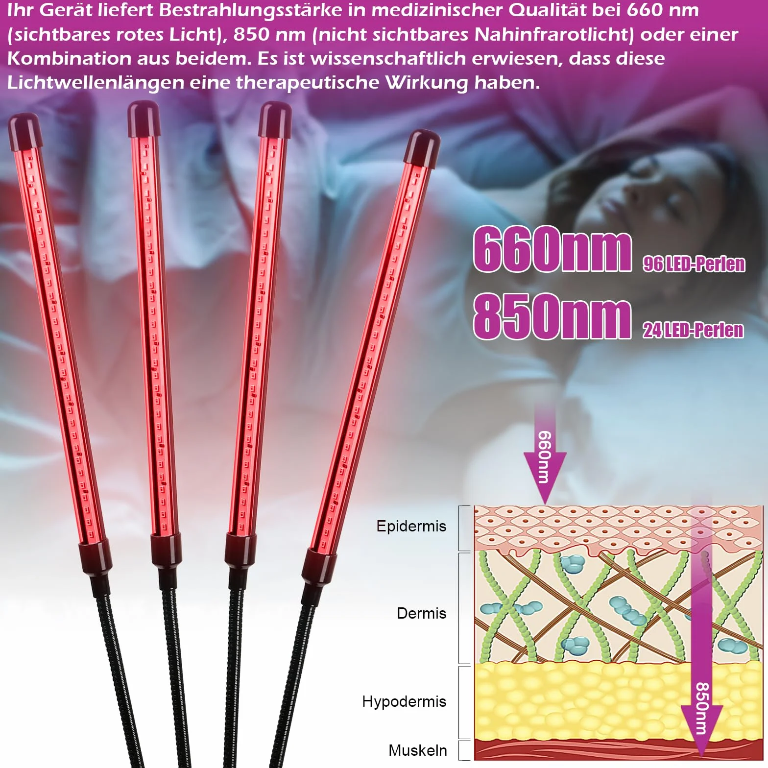 Lampa z czerwonym światłem ze stojakiem, 660 nm i 850 nm, lampa na podczerwień, lampa grzewcza, 4 głowice, terapia światłem na podczerwień, do łagodzenia bólu