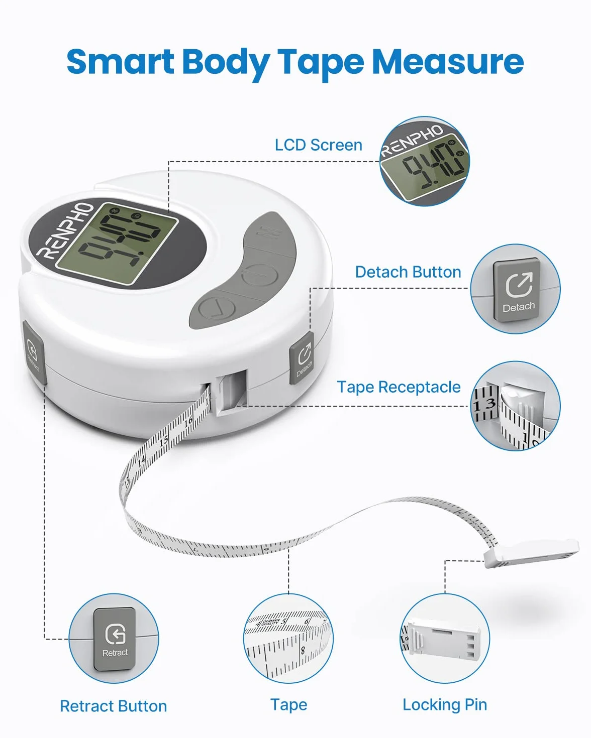 Miarka do Ciała, Cyfrowa Taśma Pomiarowa RENPHO Smart Bluetooth do Pomiaru Ciała, Utraty Wagi, Przyrostu Masy Mięśniowej, Kulturystyki Fitness, Chowania, Automatycznych Dokładnych Pomiarów Obwody Części Ciała