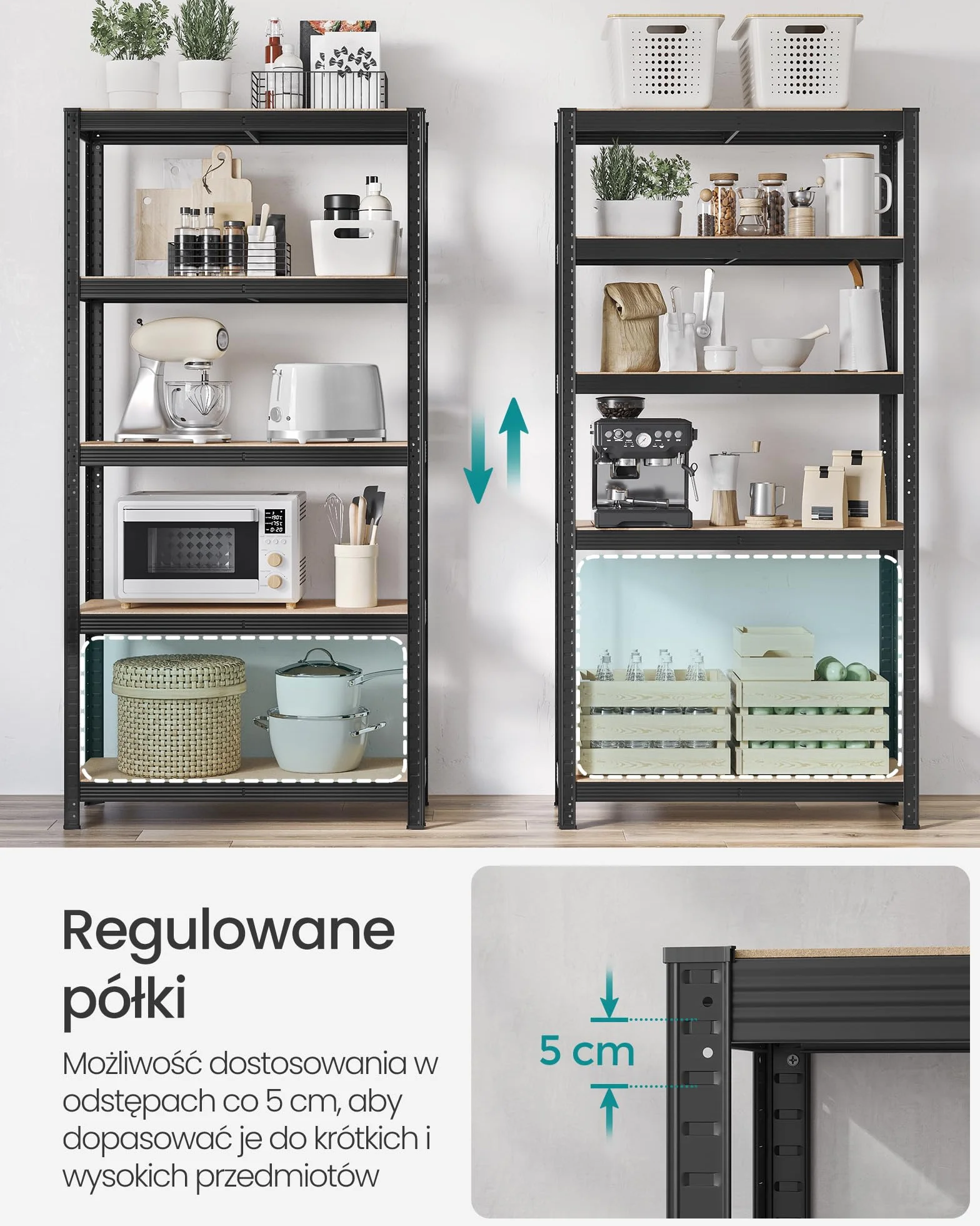 SONGMICS Regał 5-poziomowy, stalowy regał do przechowywania, montaż bez użycia narzędzi, do garażu, szopy, udźwig 875 kg, 40 x 90 x 180 cm, czarny GLR040B01