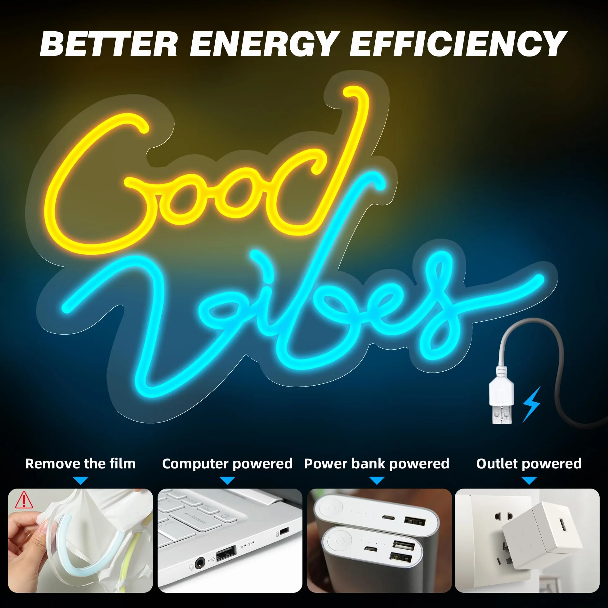Eufrozy Neonowy znak świetlny Good Vibes, 43 x 28 cm, LED, napisana litera, sztuka ścienna, z przełącznikiem zasilanym przez USB, neonowa dekoracja do sypialni, baru, pubu, hotelu, klubu nocnego, na