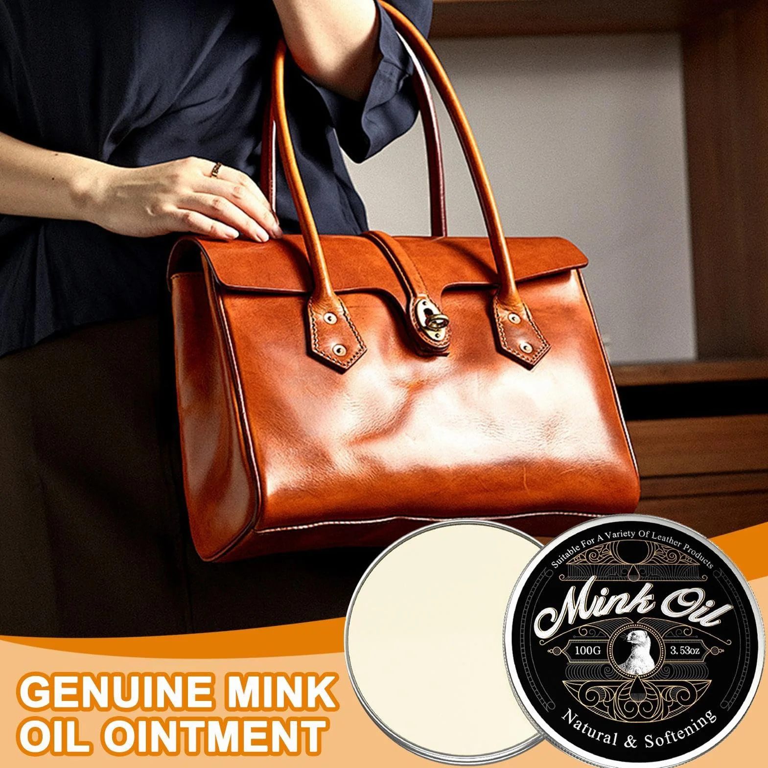Mink Oil for Leather - Leather Care Cleaner, All-Natural Moisturizing Paste 100g for Bags, Boots, Shoes, Clothing, Sofas, Leathers Accessories, Cleaning Supplies