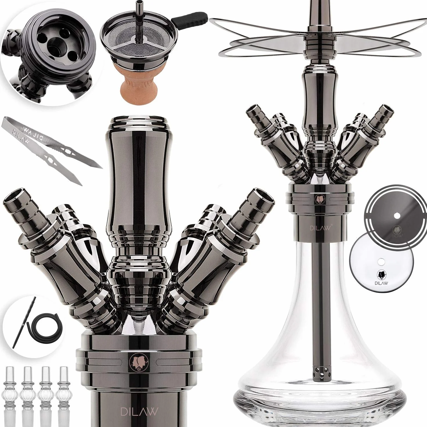 DILAW Kompletny zestaw sziszy Smart to go 38 cm stal nierdzewna mini hookah 4 przyłącza 4 adaptery szklane