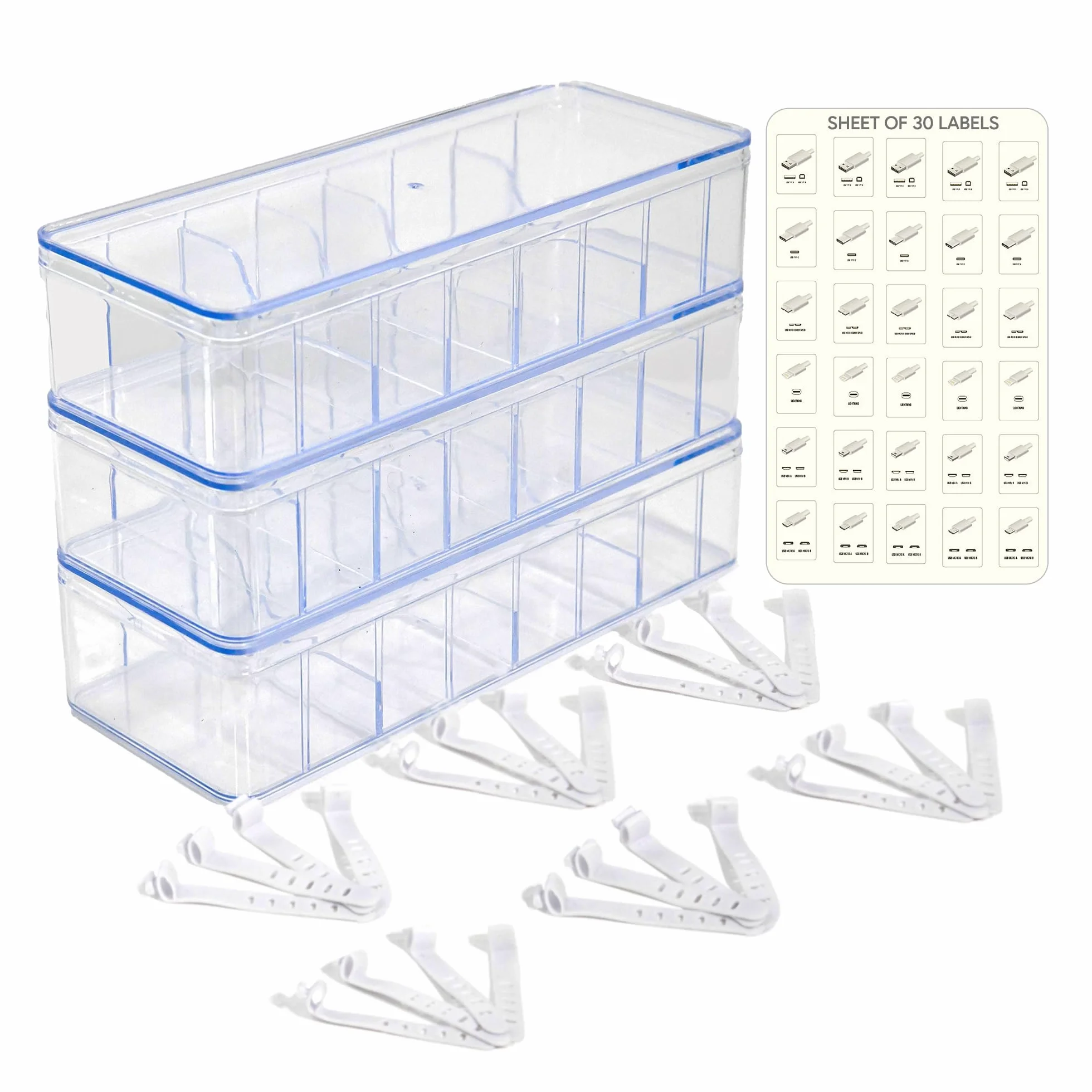 3 organizery na kable z etykietami, organizer na przewody, akrylowy organizer na kable do układania w stos, z pokrywkami, organizer na kable do szuflady, organizer na kable - organizer na kable -