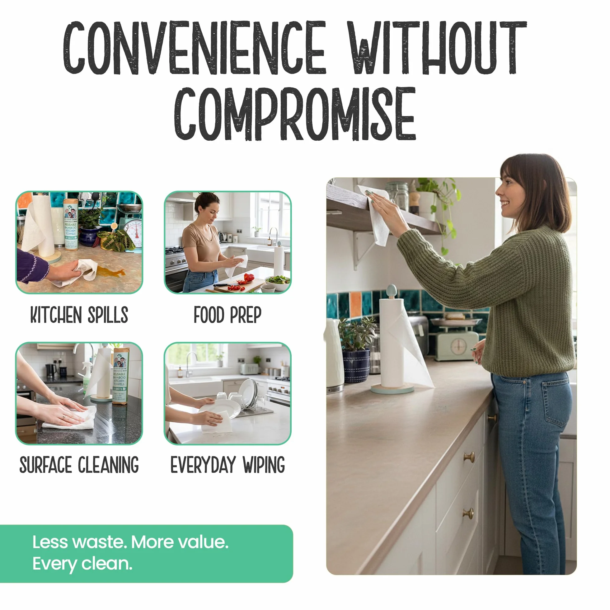 Eco Green Living Bambusowe ręczniki wielokrotnego, zmywalne, ekologiczna alternatywa dla ręczników papierowych, niezawierające plastiku, do 100 zastosowań na arkusz, 3 rolki x 20 arkuszy