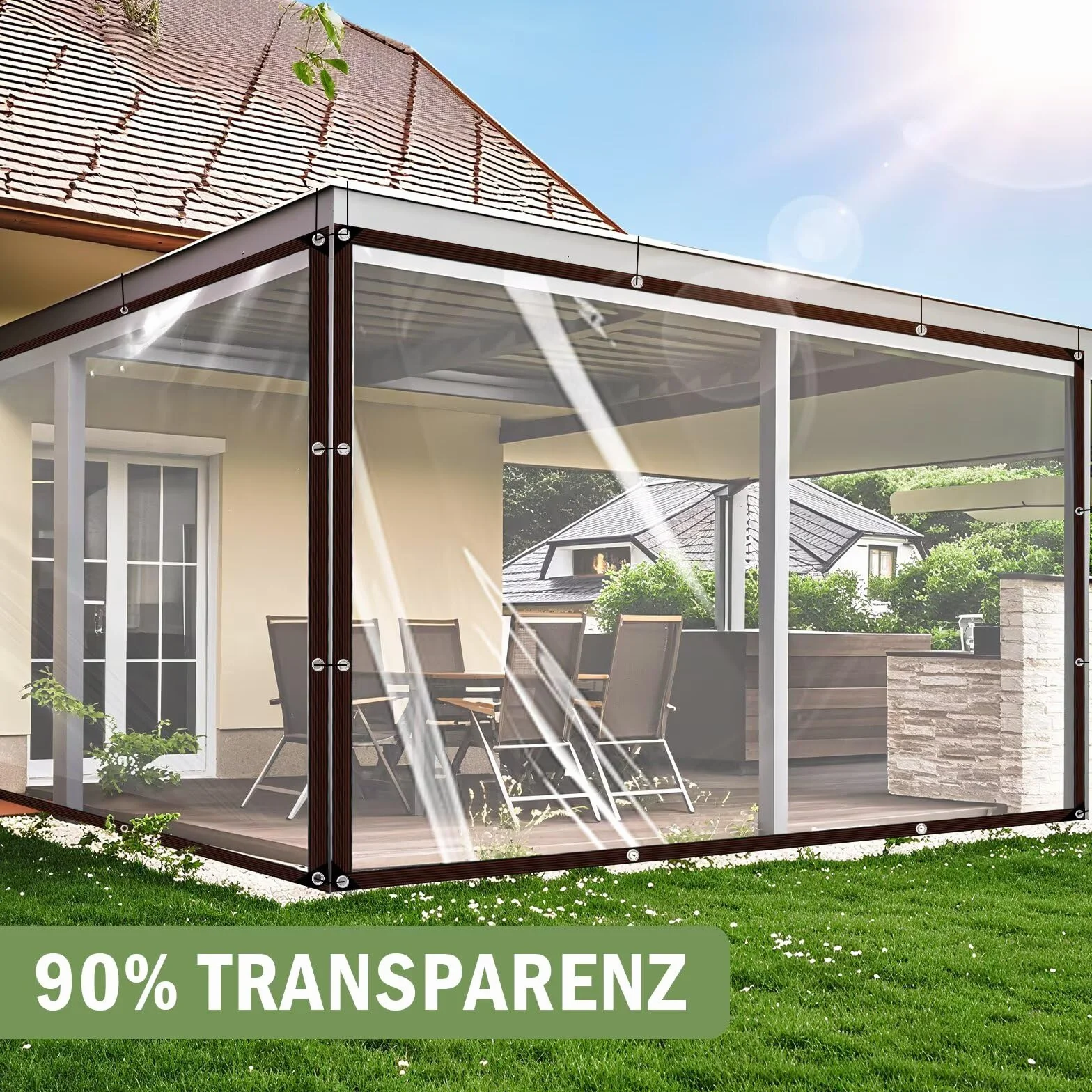 Plandeka wodoszczelna, przezroczysta z oczkami, wodoszczelna, przezroczysta, 1 x 3 m, do użytku na zewnątrz, na taras, kurnik, balkon