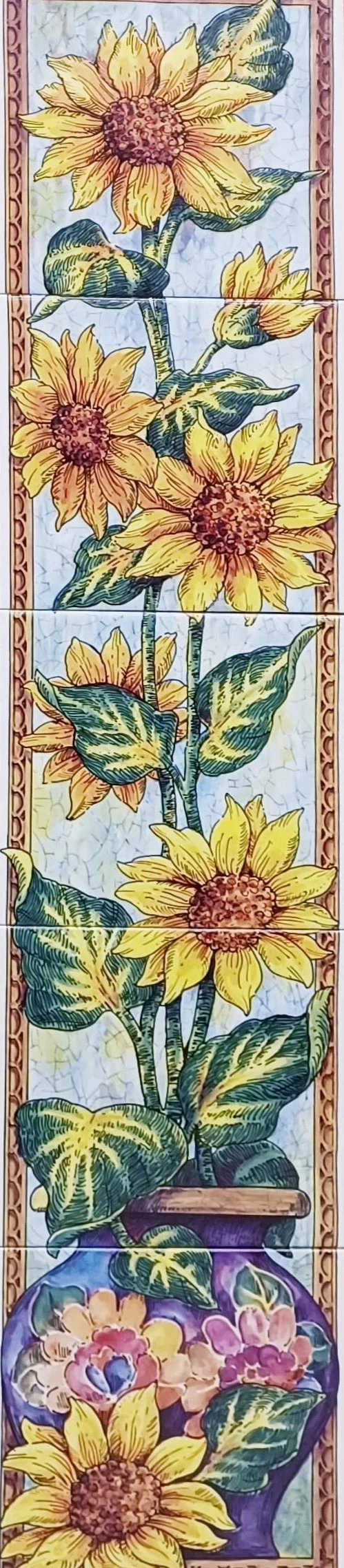 Płytki ceramiczne mural kwiatowy Słoneczniki 75 cm x 15 cm 5 płytek ręcznie zdobione