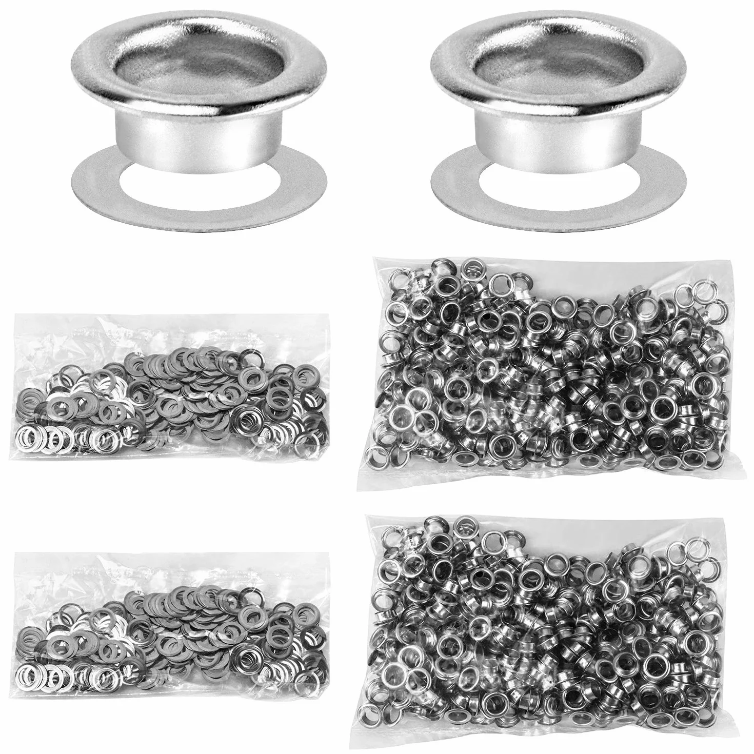 QWORK Zestaw narzędzi do przelotek, 1000 sztuk oczek przelotek i 1000 sztuk podkładek do oczek, 6 mm (1/4 cala), srebrny, do butów, odzieży, plandek z tkaniny skórzanej,washer self backing