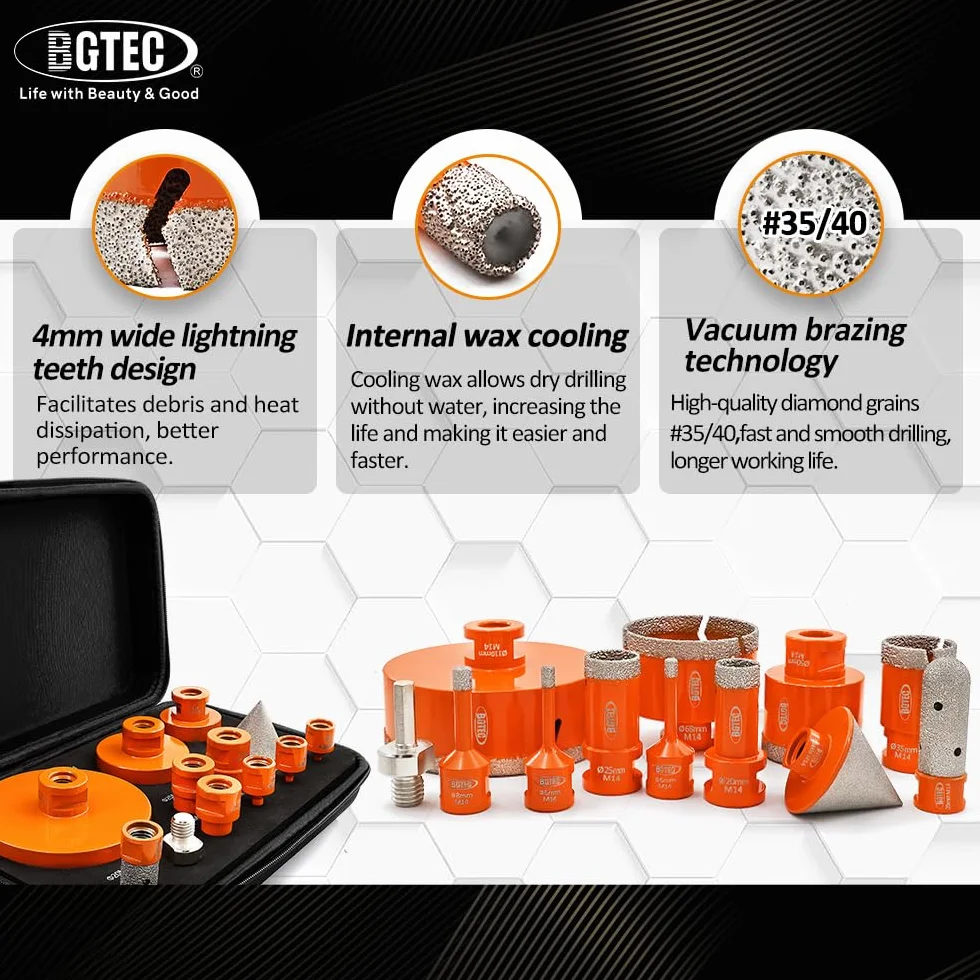 BGTEC Zestaw wierteł diamentowych do płytek - 12 szt. (6/6/8/20/25/35/50/68/110 mm +20 mm frez diamentowy + wiertło diamentowe 50 mm) z gwintem M14 do porcelany, ceramiki, płytek, granitu, marmuru,