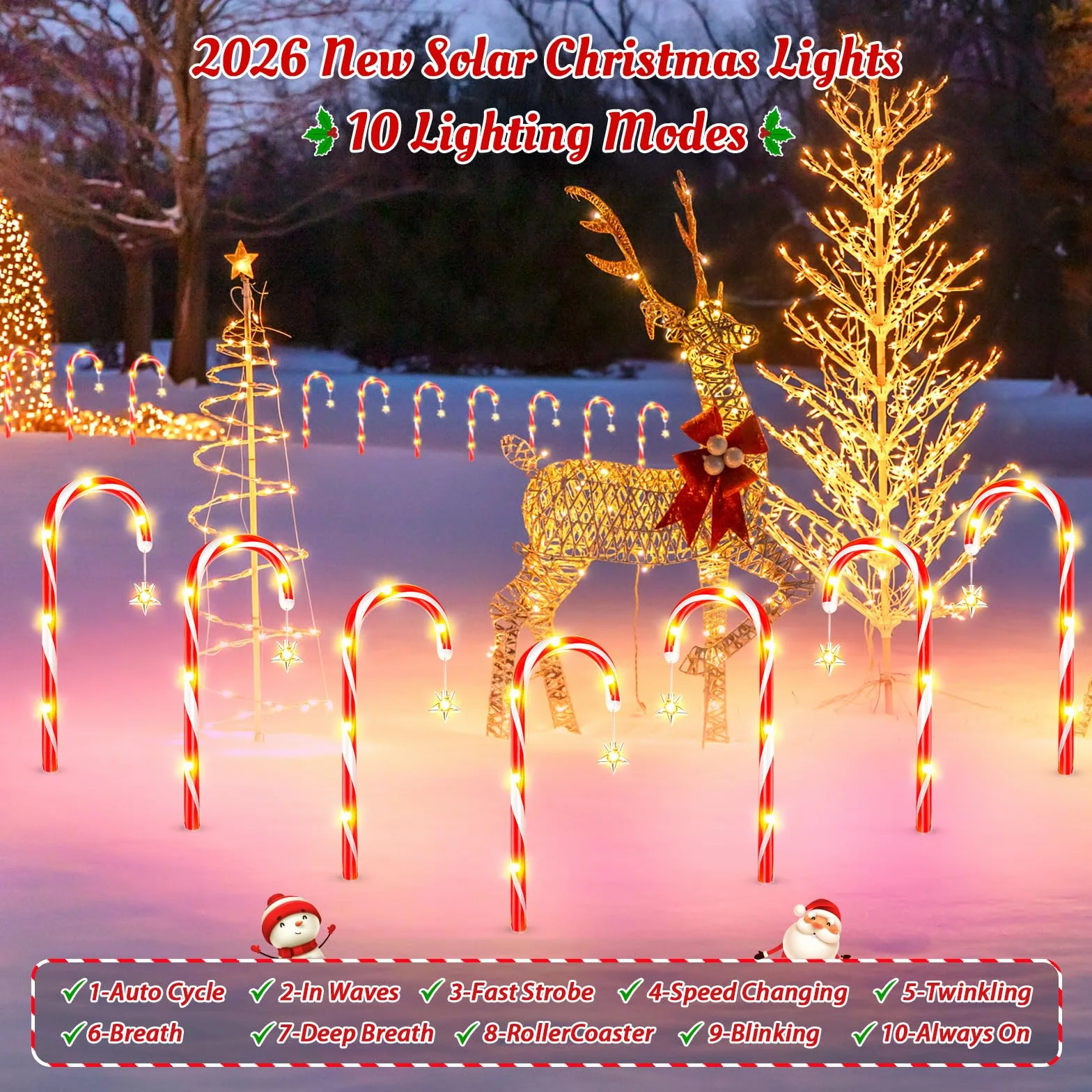 BUCASA Oświetlenie bożonarodzeniowe zewnętrzne solarne, 12 x 84 diody LED, dekoracja bożonarodzeniowa na zewnątrz, z 10 trybami, 1500 mAh, USB, łańcuch świetlny z laskami cukrowymi, gwiazda na trawnik