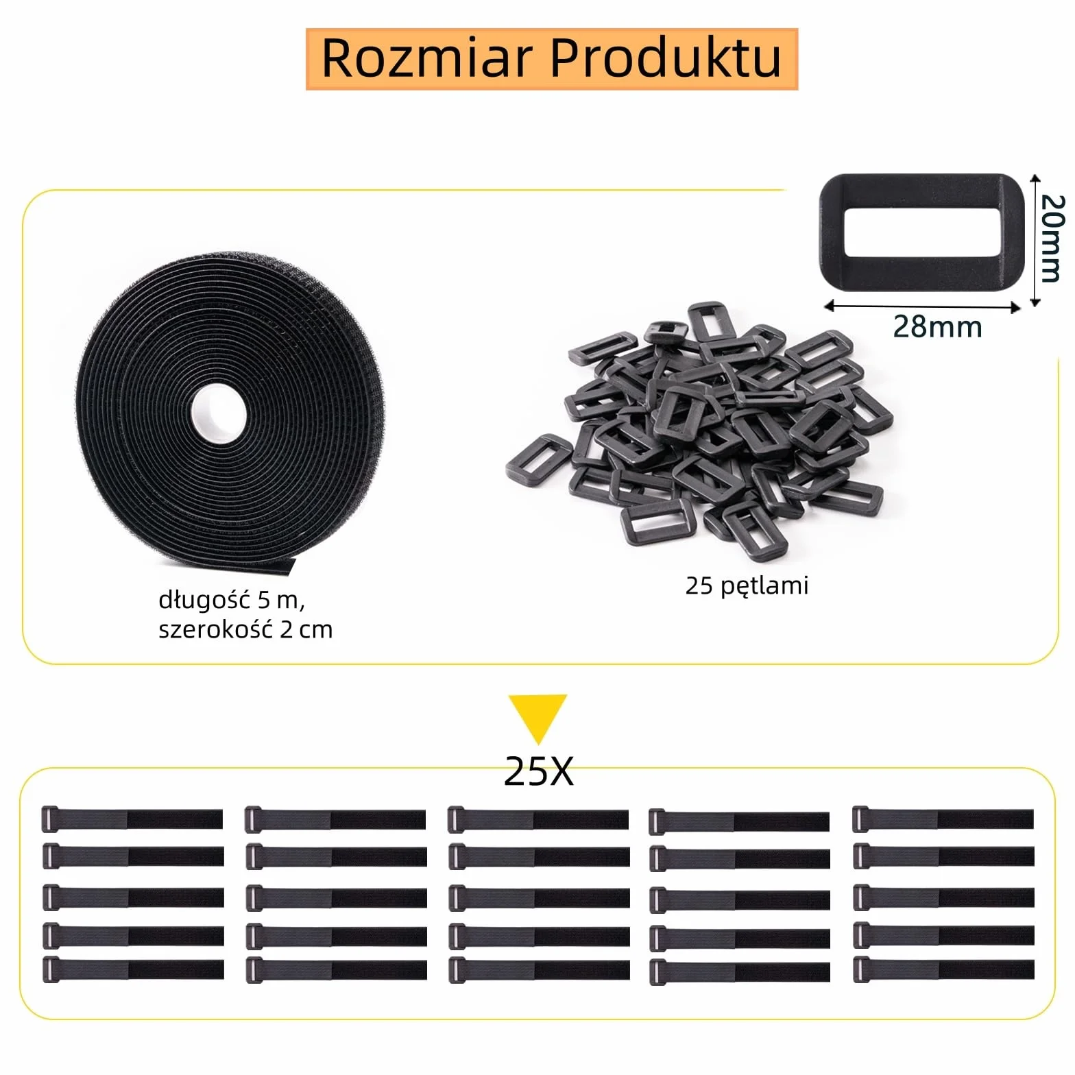 Taśmy Wielokrotnego Użytku na Rzepy, 2CM x 5M Rolka z 25 Pętlami, Regulowane Paski do Kabli z Pętlami, Taśma z Haczykiem do Przycięcia na Wymiar, do Zarządzania Kablami i Przechowywania