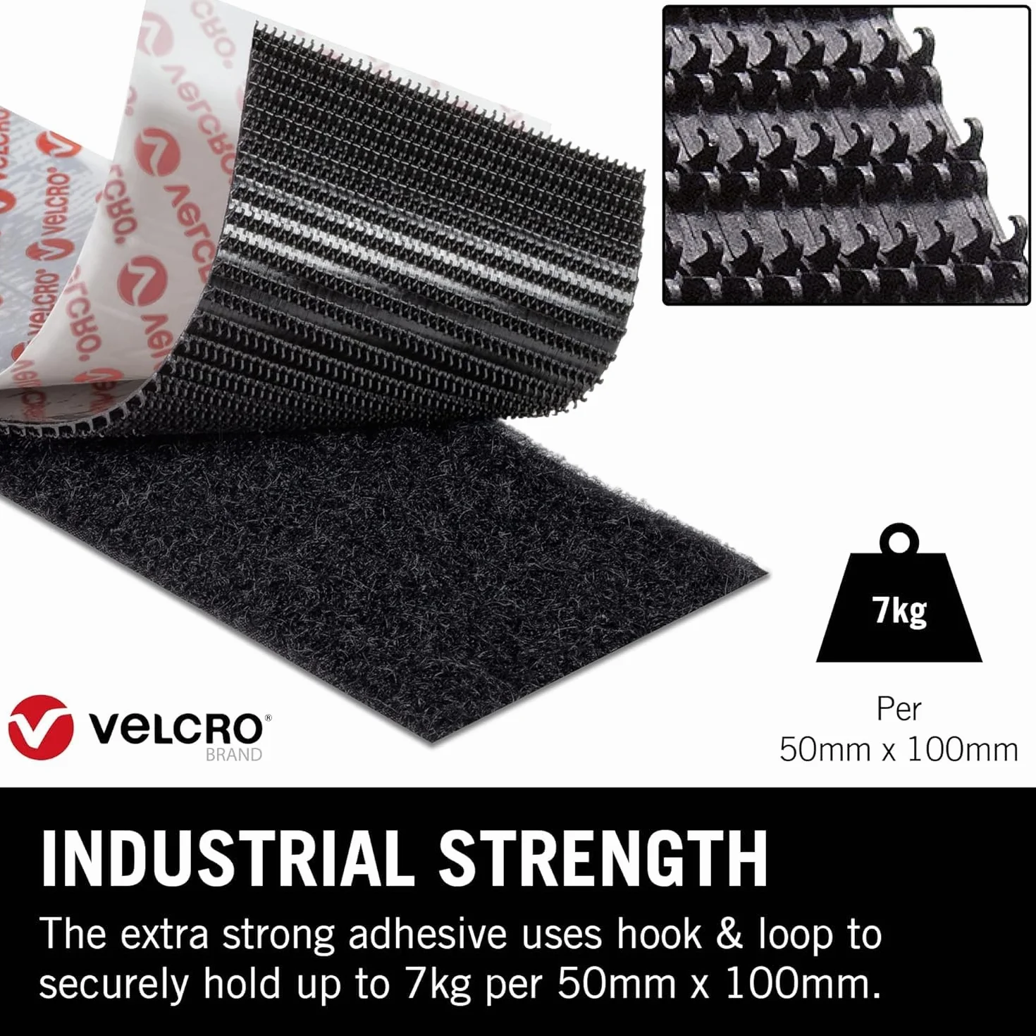 VELCRO Marka | Wytrzymałe paski samoprzylepne | Wytrzymałość przemysłowa dwustronne samoprzylepne paski na rzep idealne do wystroju pokoju i domu, biura, garażu, czarne, 50 mm x 100 mm, zestaw 15