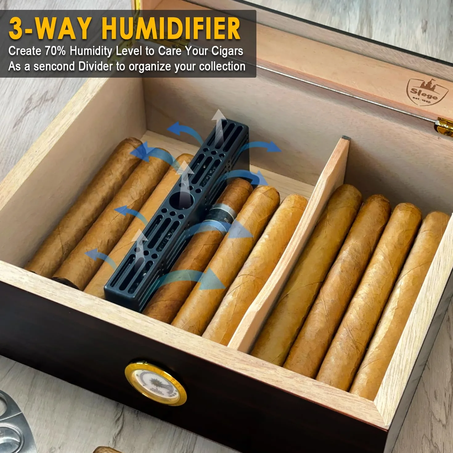 Humidor do Cygar Ręcznie Wykonany Hiszpania rdzeń cedrowy Nawilżacz Rozdzielacz Higrometr Czarny 30-50 cygar