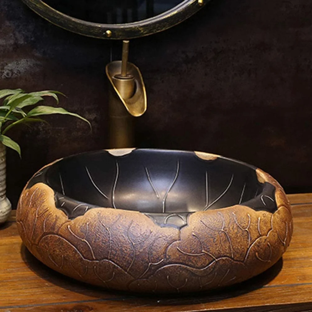 Szafka Pod Umywalkę Z Umywalką, Umywalka Łazienkowa Nablatowa, Umywalka Nablatowa Z Czarnym Kwiatem Lotosu, Ceramiczna Umywalka Nablatowa W Stylu Vintage, Okrągła Antyczna Umywalka Łazienkowa, Czarny