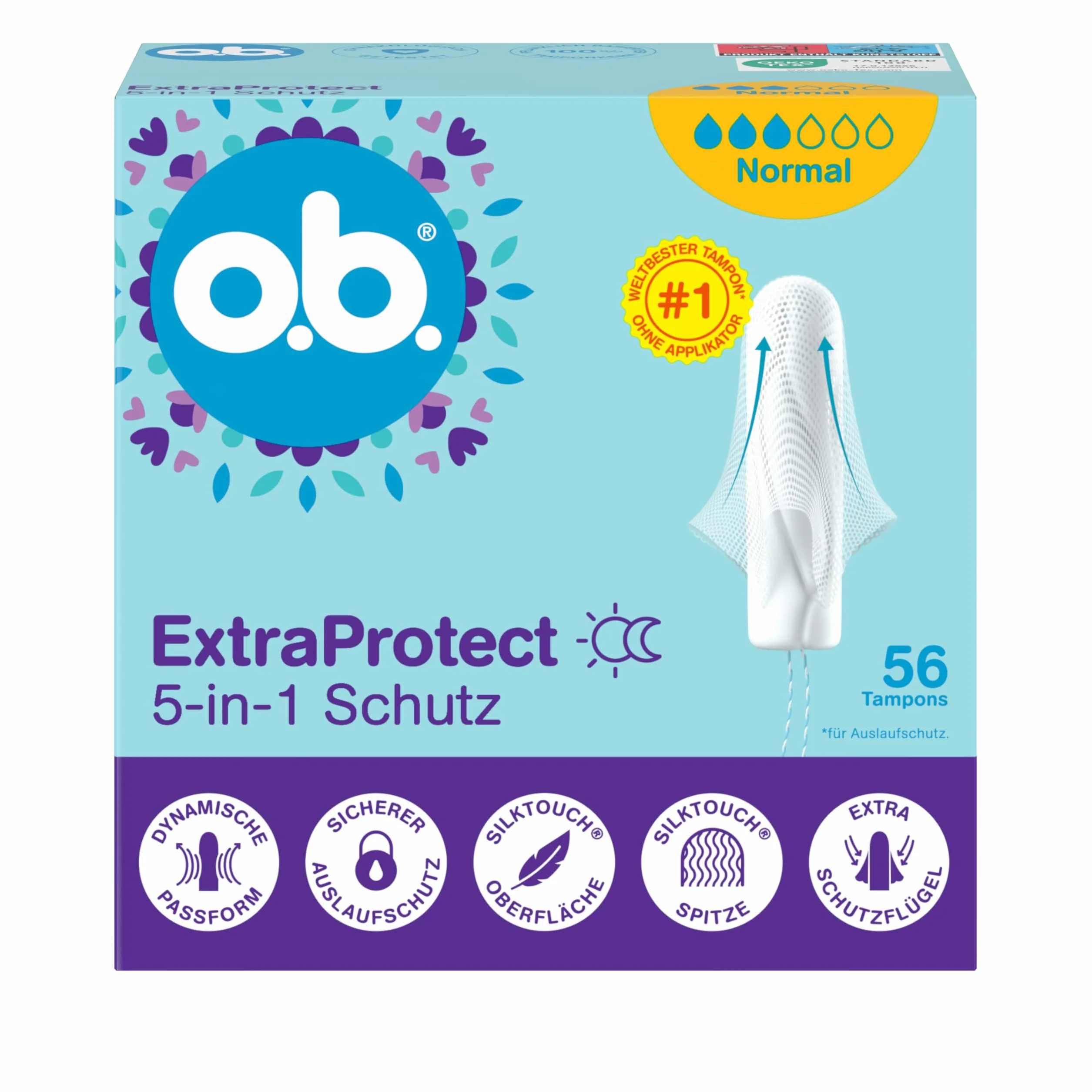 o.b. ExtraProtect 5 w 1 tampony ochronne 56 szt. z dodatkowymi skrzydłami