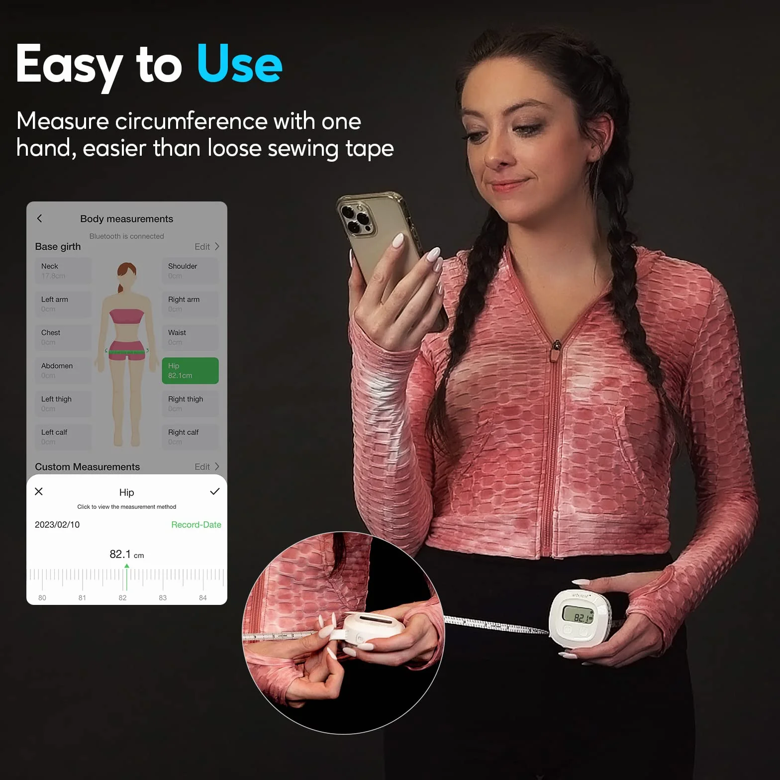 arboleaf Inteligentna taśma miernicza do pomiaru obwodu ciała z aplikacją, Bluetooth do pomiaru ciała, mechanizm blokujący, zwijana, miarka do redukcji wagi, pomiar długości obwodu, cm/cal