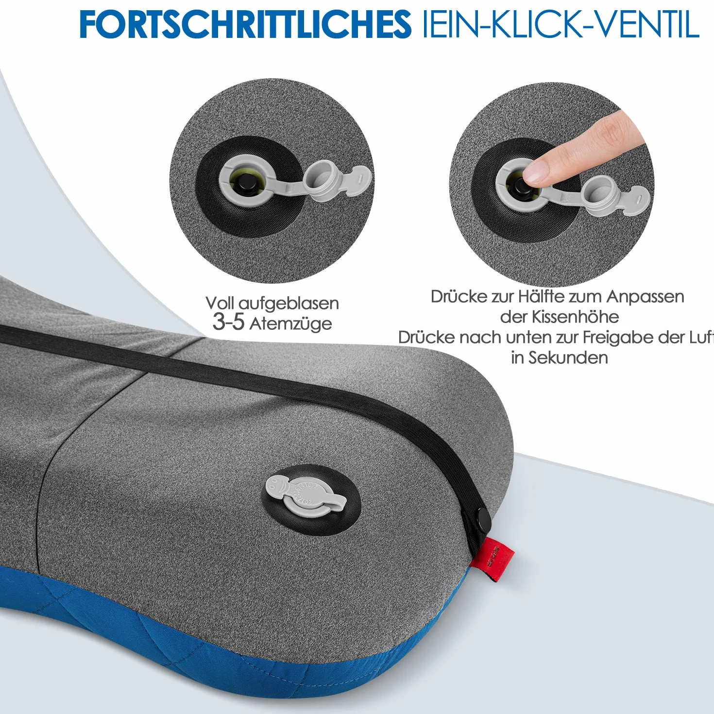 HIKENTURE nadmuchiwana poduszka kempingowa/podróżna ze zdejmowaną poszewką na poduszkę, ergonomiczna poduszka pod głowę, wygodna poduszka na kark do podróży / na zewnątrz (niebieska), rozmiar uniwersalny