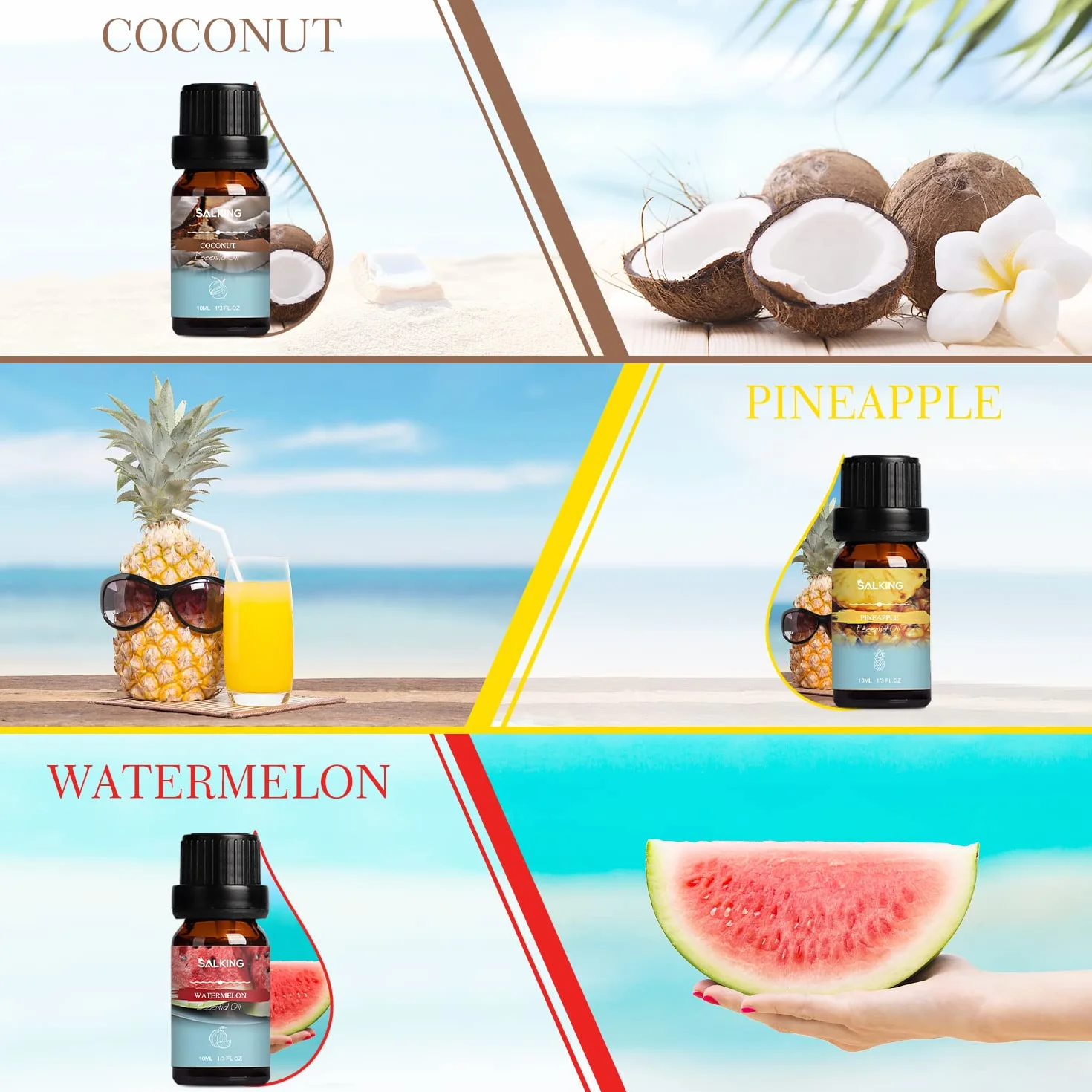 SALKING Letni zestaw olejków eterycznych, 6 x 10 ml, 100% aromaterapii, olejek zapachowy do dyfuzora, nawilżacza powietrza, masażu, kokosa, ananasa, arbuza, bryksu morskiego, mojito, lodów waniliowych