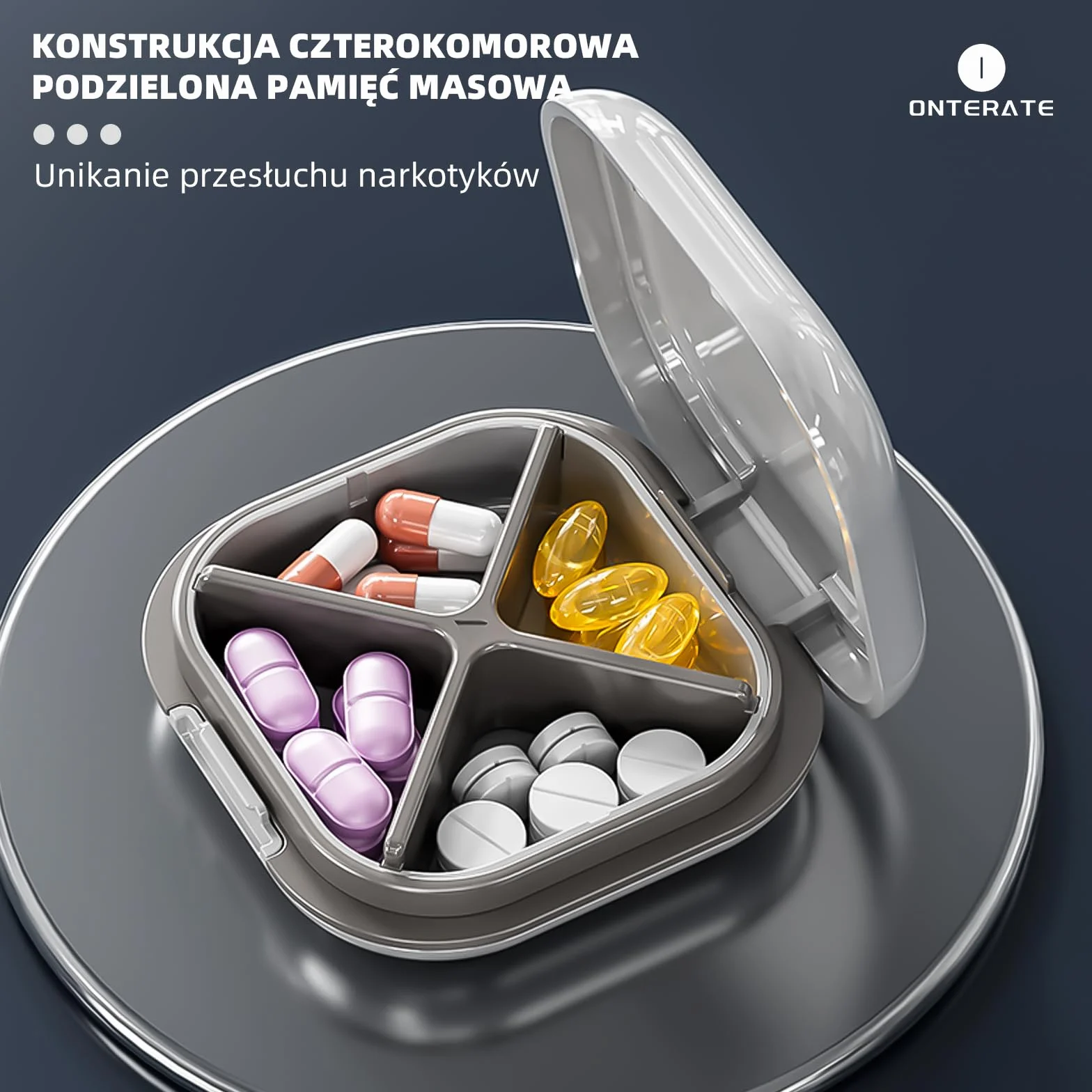ONTERATE Codzienny Organizer na Pigułki 4 Przegródki, Przenośne Podróżne Etui na Pigułki, Mini Pojemnik na Pigułki do Kieszeni w Torebce, Kompaktowy Podróżny Organizer na Leki na Witaminy (Szary)