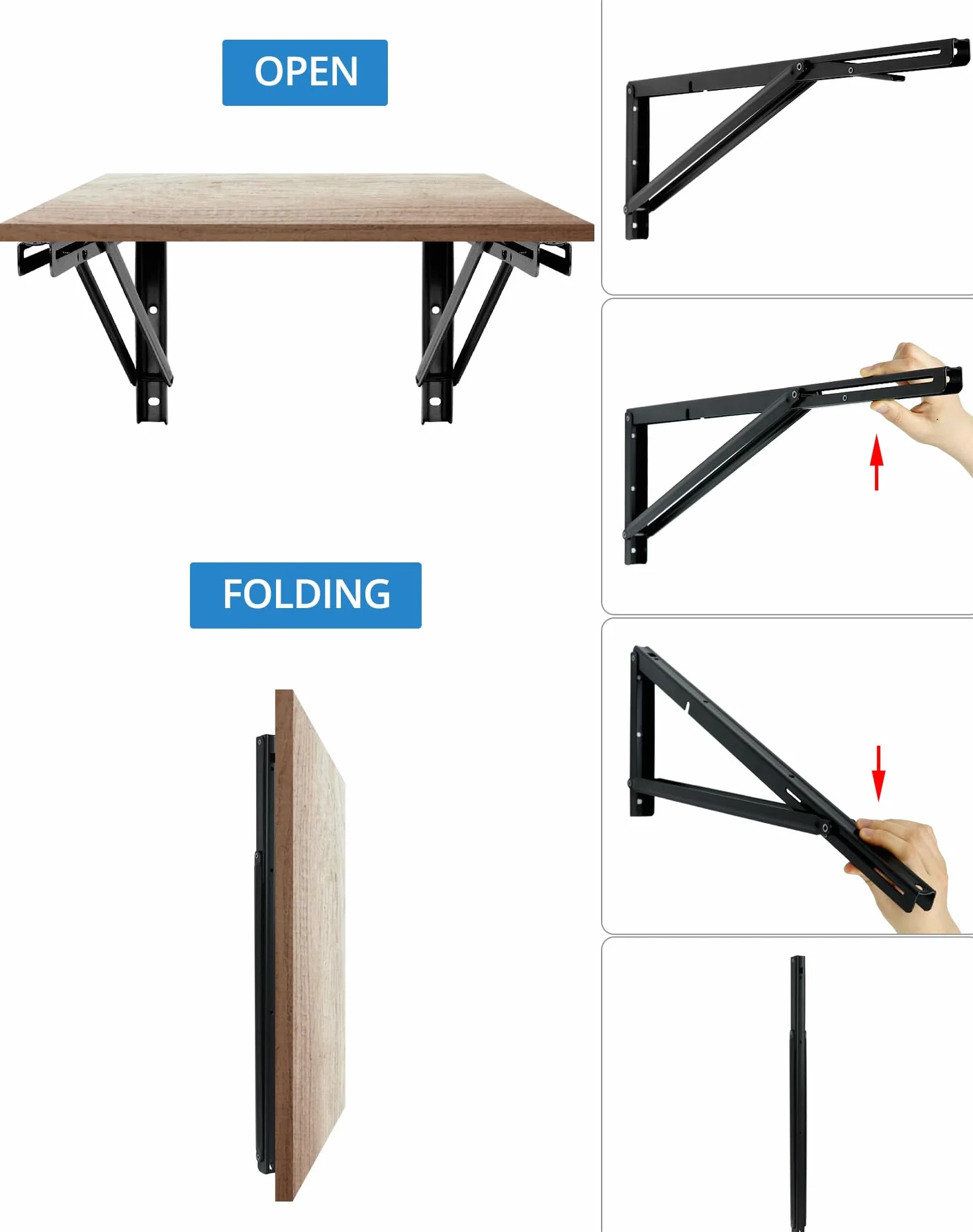 QWORK® 2 sztuki 600mm metalowy wytrzymały składany wspornik, oszczędzający miejsce składany wspornik do stołu warsztatowego dla majsterkowiczów, nośność 150kg
