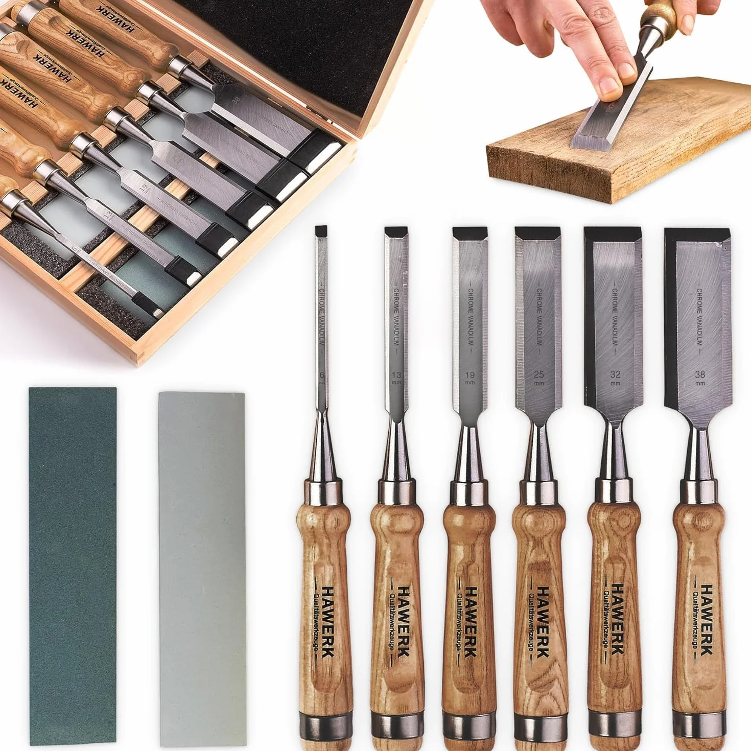 Zestaw dłut HAWERK do drewna | dłuto do obróbki drewna, 6 dłut + 2 osełki + etui od Hawerk - zestaw dłut do obróbki drewna