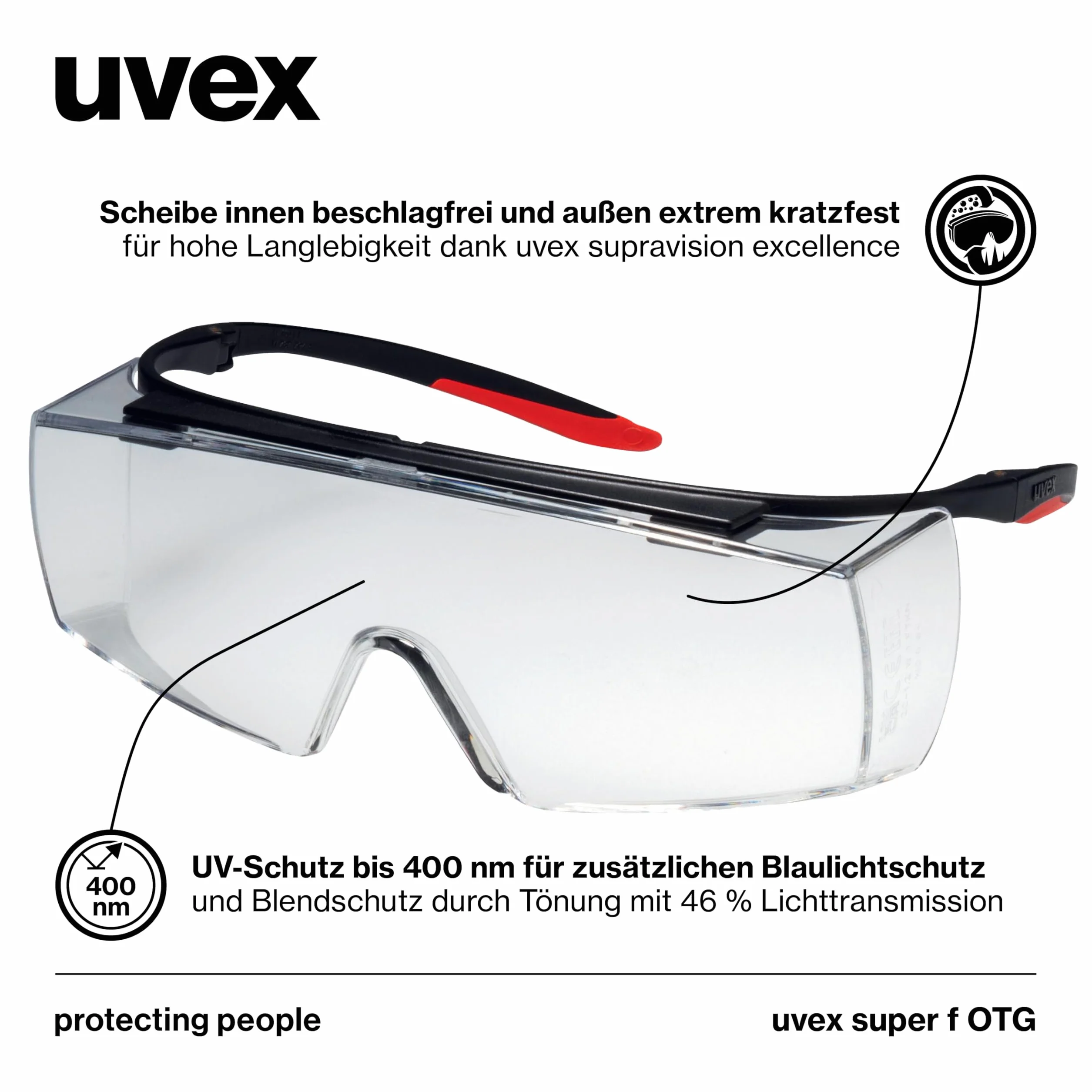 Uvex Super F OTG okulary ochronne dla osób noszących okulary, ochrona przed zaparowaniem, na zewnątrz bardzo odporne na zarysowania i chemikalia