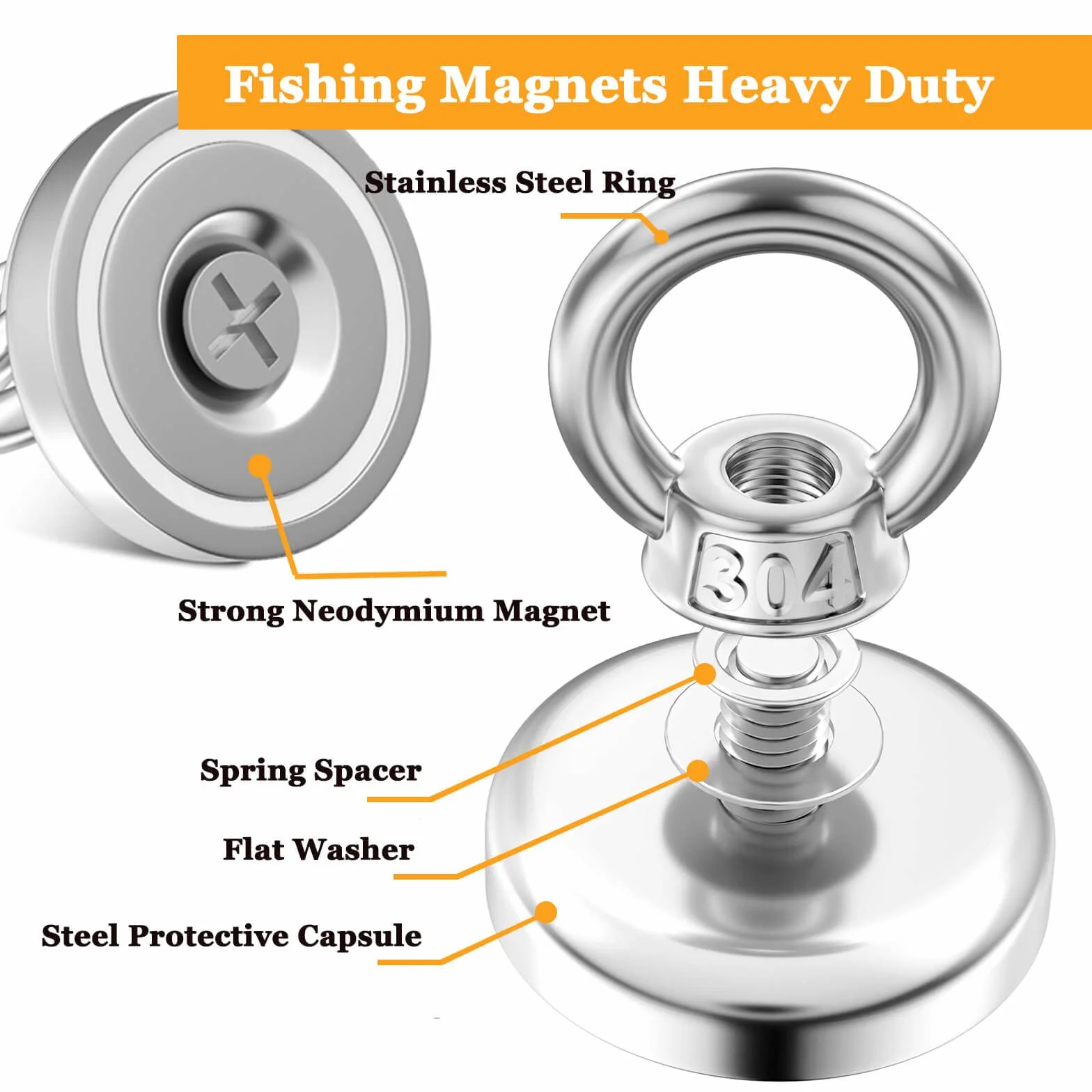 MIN CI Silne magnesy 42 mm, 6 sztuk haczyków magnetycznych, 70 kg, siła przyczepności, neodymowe magnesy oczkowe, magnesy neodymowe z haczykami, do łowienia ryb magnetycznych z oczkiem, silne magnesy
