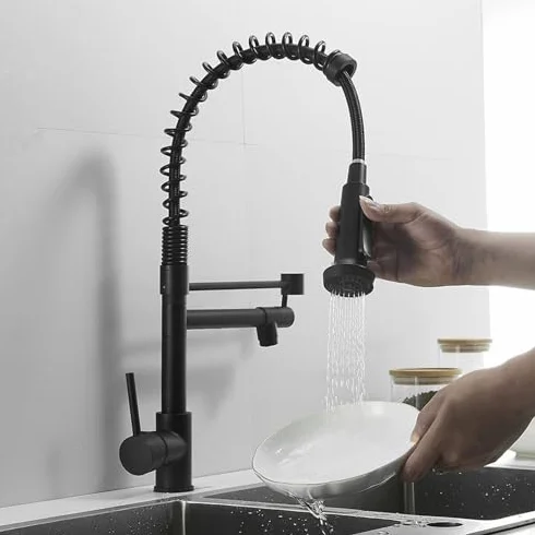 360° wyciągana bateria kuchenna ze sprężyną szyjką podwójny wylot wysoki łuk obrotowy kran matowe czarne wykończenie nowoczesny mikser do zlewu kuchennego