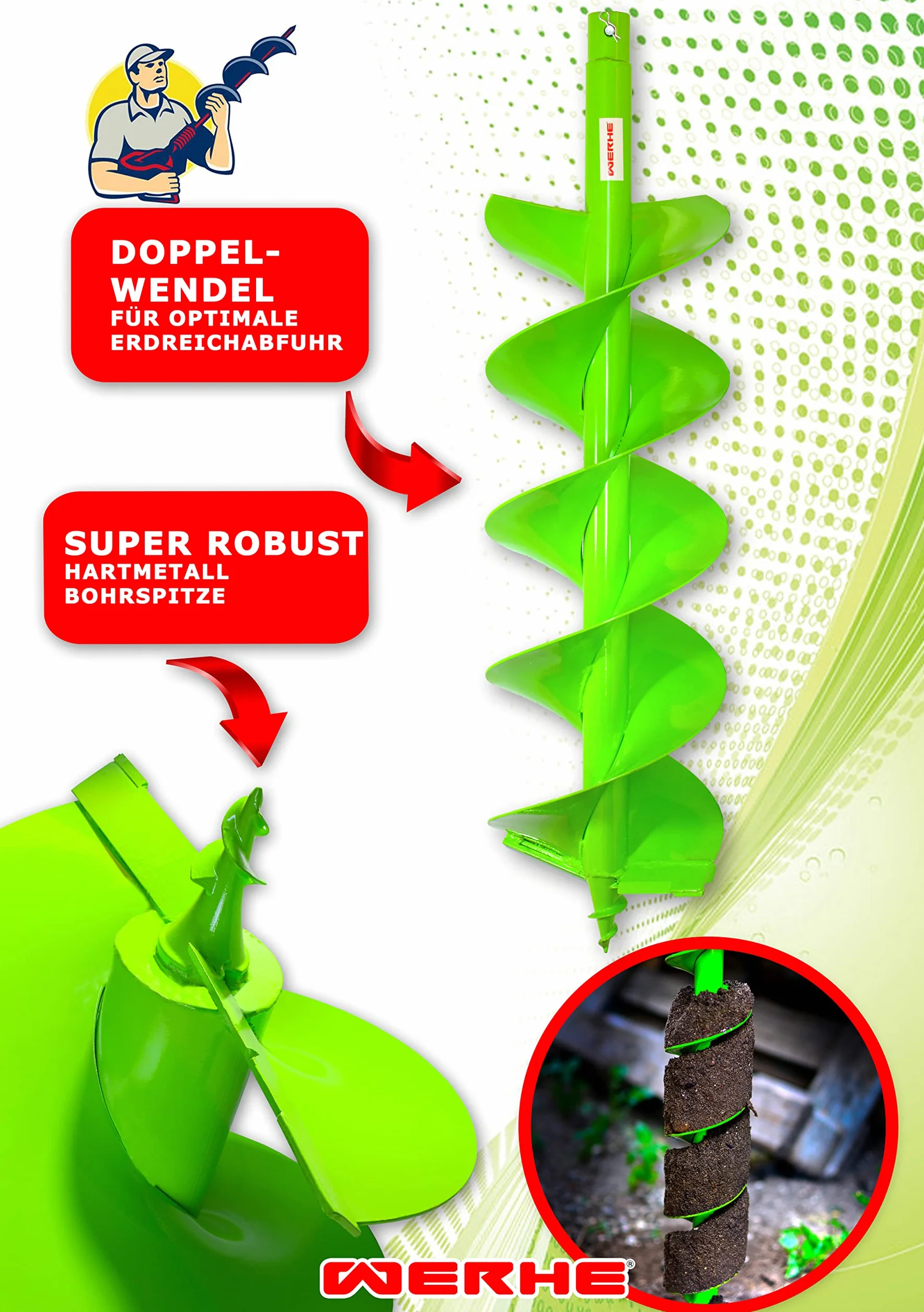 WERHE świder ziemny z podwójną spiralą Ø 180 mm, 80 cm, świder do słupków | ostrza z węglika z możliwością ostrzenia, długość robocza 60 cm, waga 5 kg, w zestawie sworzeń i zawleczka
