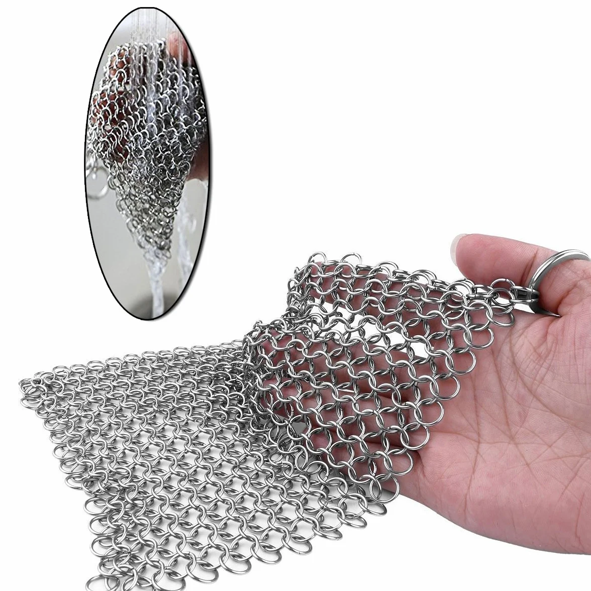 TOPULORS Żeliwna patelnia do czyszczenia Chainmail szczotka do czyszczenia z pierścieniem wiszącym do żeliwnej patelni, patelnia do grillowania, grille do grillowania i inne naczynia do gotowania - kwadrat 18 x 18 cm