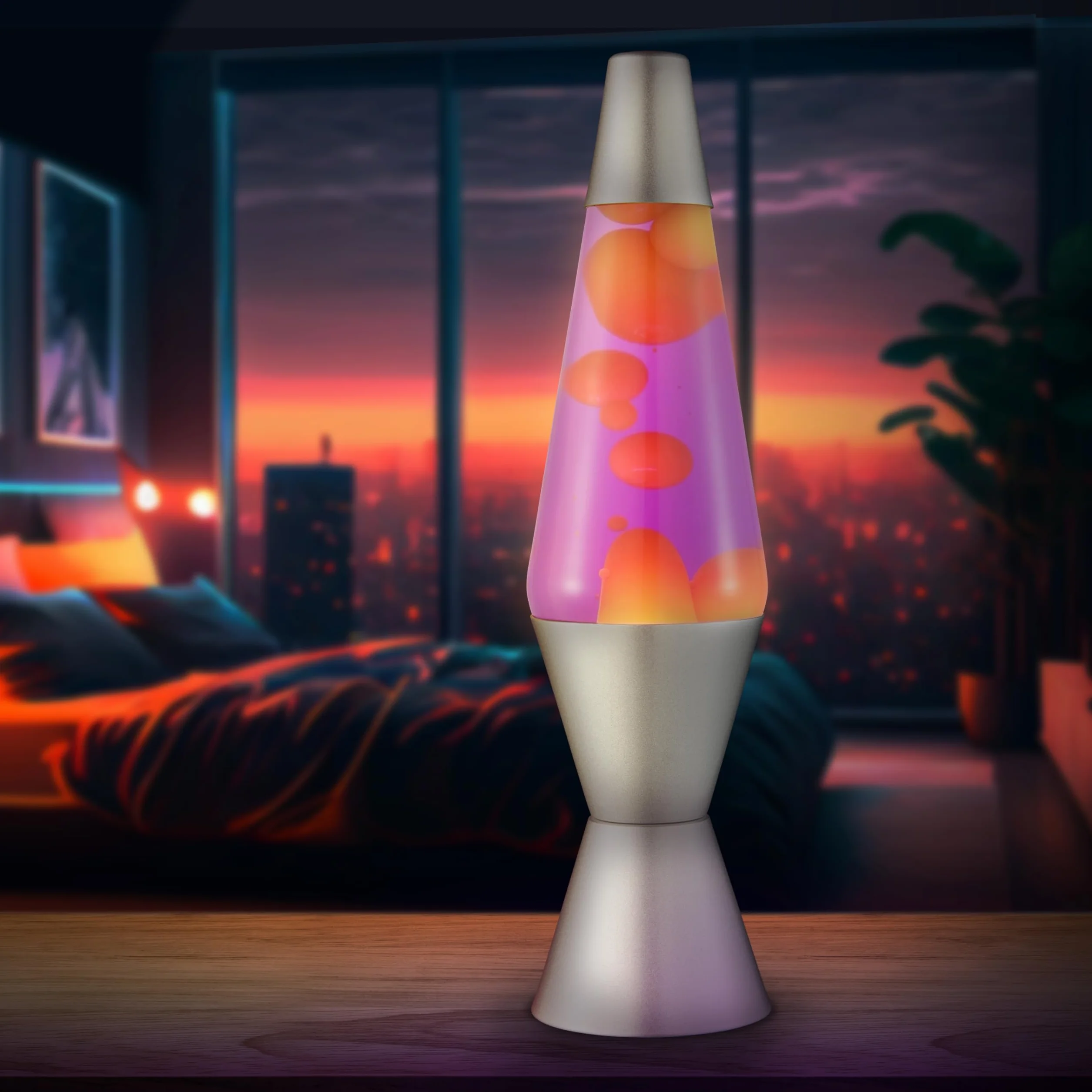 LAVA® - Lampa Lava 2125, żółty wosk, fioletowa ciecz, srebrna podstawa i czapka, oryginalna 14,5 cal lampa ruchowa marki LAVA®