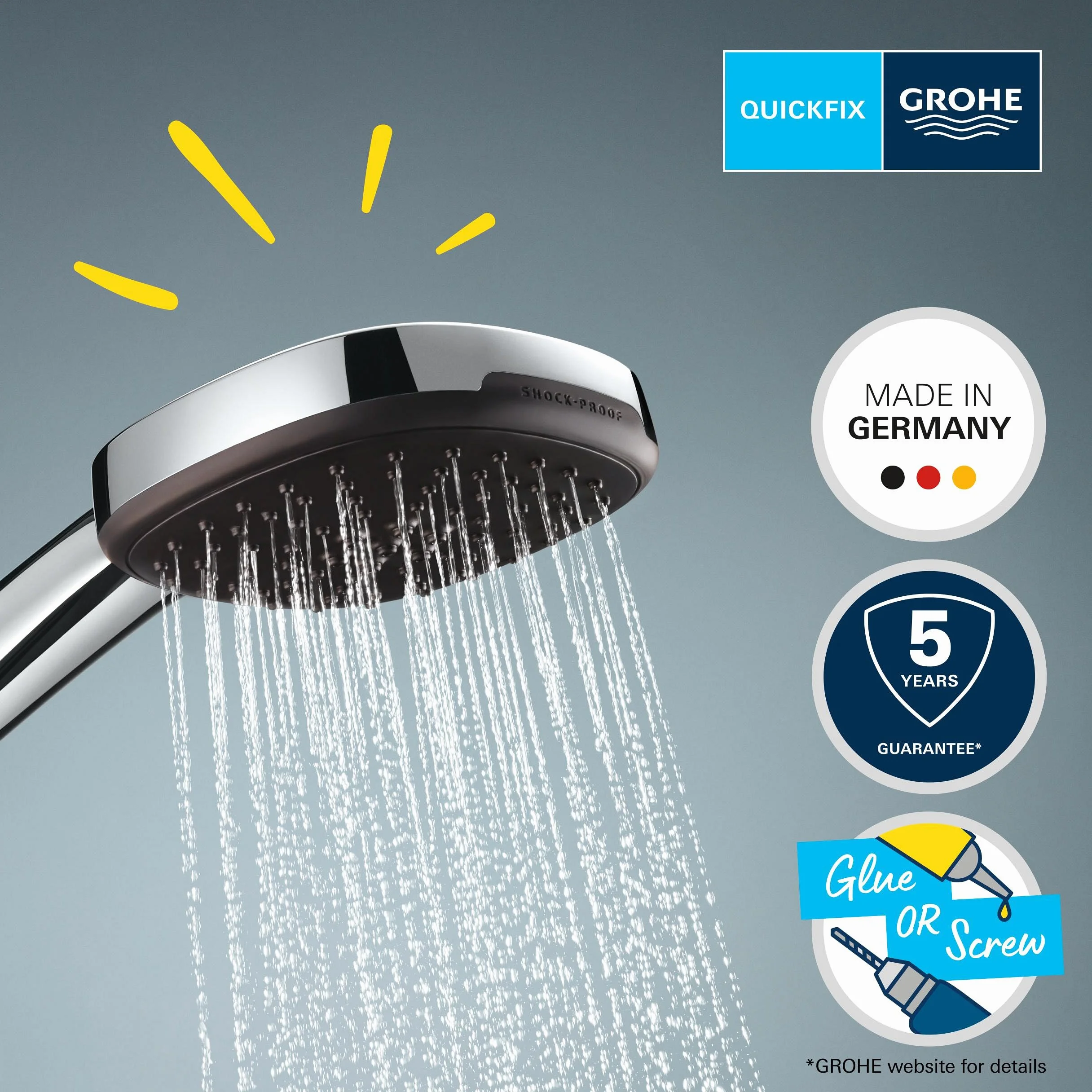 GROHE Vitalio Comfort 110 zestaw uchwytów ściennych (oszczędność wody, słuchawka prysznicowa, 2 rodzaje strumienia, wąż prysznicowy 1.750, uchwyt prysznicowy, wiercenie lub klejenie), chrom, 26399001
