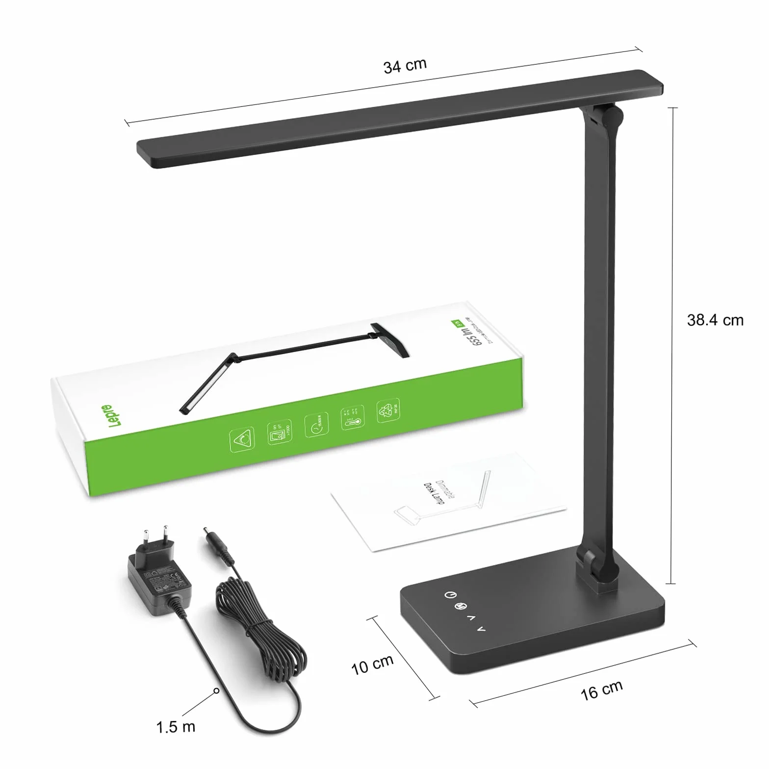 Lepro Lampa biurkowa LED, 450 lm, 3 kolory i 5 poziomów jasności, możliwość ściemniania, 3000-6500 K, światło dzienne z ochroną oczu, lampka nocna, lampka do czytania dla dzieci, do biura, czarna