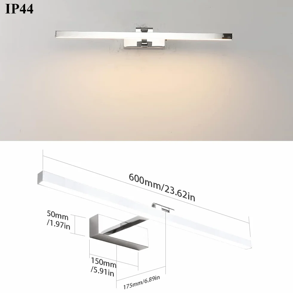 Klighten Lampa LED do lustra łazienkowego, 60 cm, 18 W, 1170 lumenów, wodoodporność IP44, obracana o 180°, nowoczesne oświetlenie lustra łazienkowego, ciepła biel 3000K, chrom