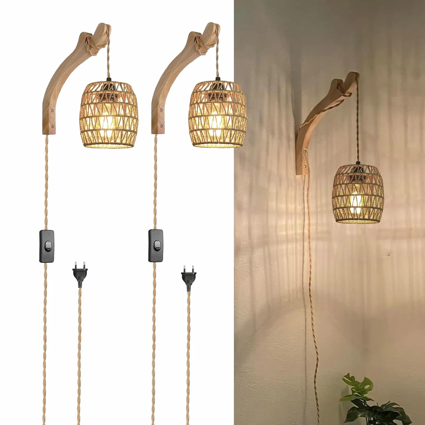 2 x lampa ścienna z przełącznikiem, drewno, lampa ścienna, kabel do gniazdka, E27, lampa wisząca, stolik nocny, rattan, lampa nocna, lampa do przedpokoju, lampa ścienna, do pokoju dziecięcego,