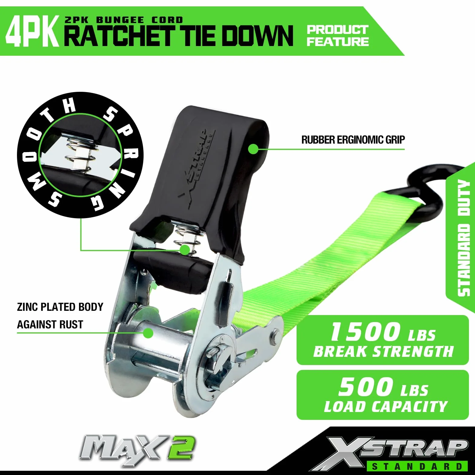 XSTRAP STANDARD Ratchet Tie Down Straps 4Pk 15Ft 1500Lb Break Strength, Cargo Straps for Moving Appliances, Lawn Equipment, Motorcycle, Includes 4 Soft Loops