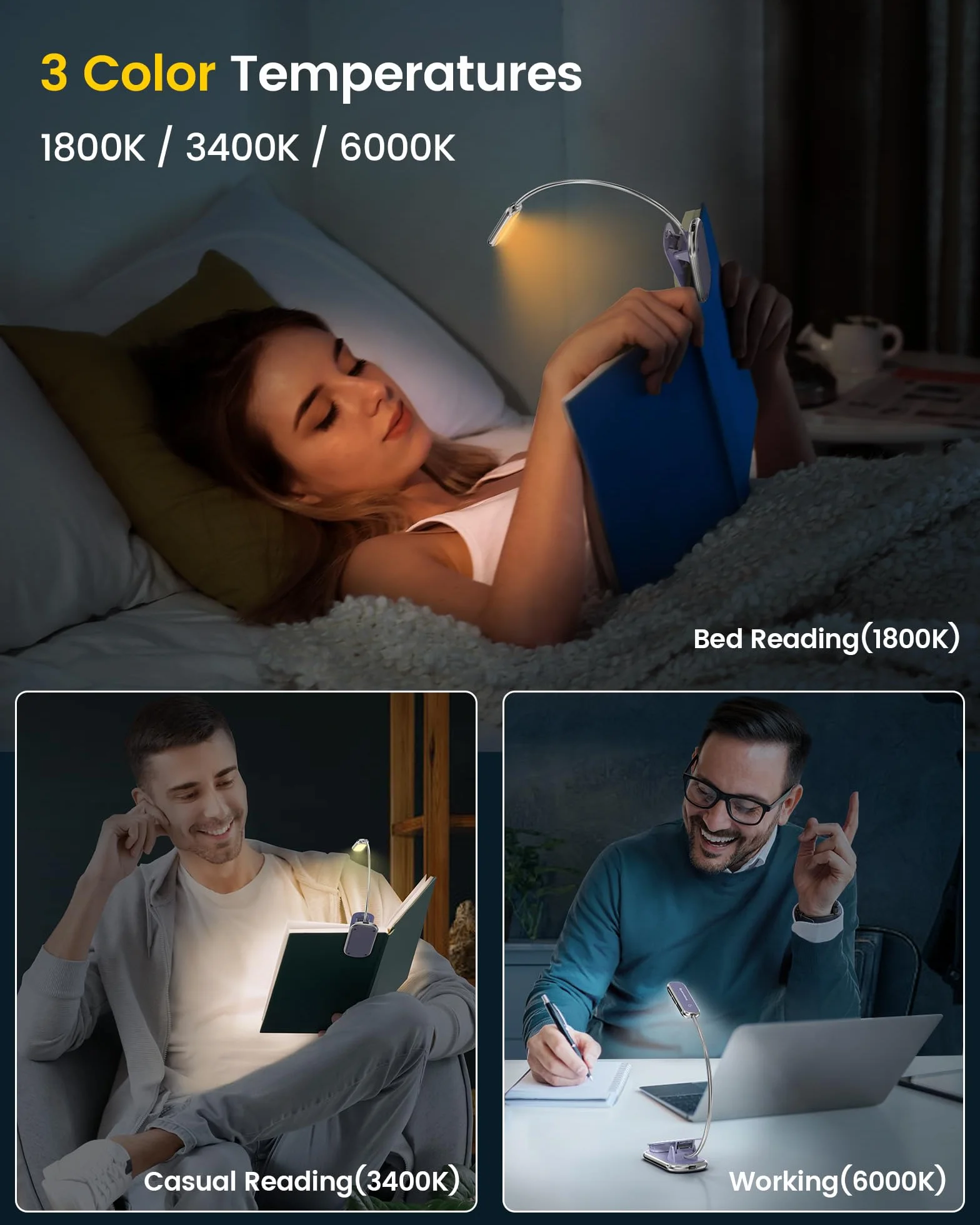Glocusent Posh Premium lampka do czytania do książek w łóżku z timerem, 16-LED ładowalna lampka do czytania działa 160 godzin, 1800K Eyecare Clip na lampce do czytania, 3 kolory i 5 poziomów jasności (Fioletowy)