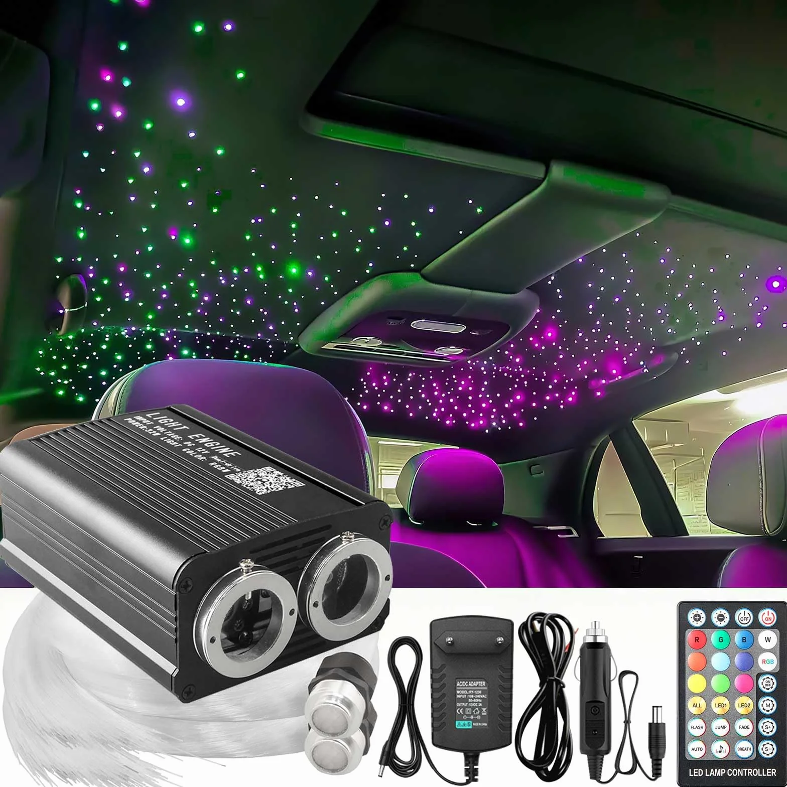 Twinkle LED gwiaździste niebo zestaw włókien świetlnych 32 W, 1100 x 0,75 mm x 4 m, podwójny port, aplikacja / pilot zdalnego sterowania do samochodu, domu, na imprezę, migoczące oświetlenie