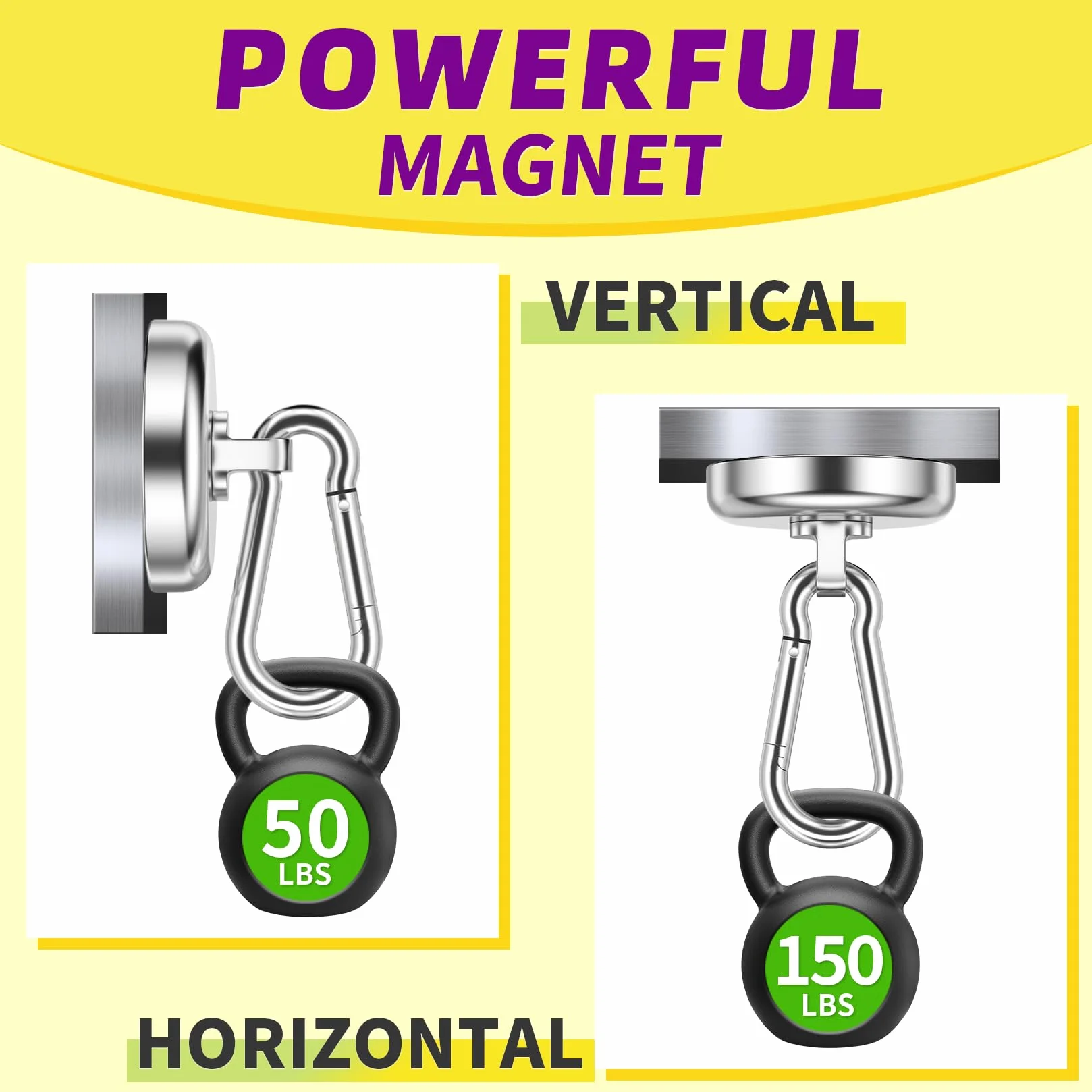 Haczyki magnetyczne, 68 kg, srebrne, neodymowe, bardzo mocne haczyki magnetyczne z obrotowym karabińczykiem do kabin wycieczkowych, wytrzymałe magnesy do kuchni, kampera, siłowni i materiałów