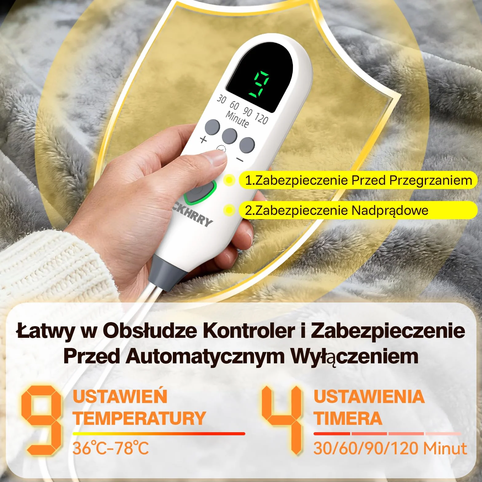 Poduszka Grzewcza na Plecy 60x100 cm 9 Poziomów Temperatury 4 Ustawienia Timera Automatyczne Wyłączanie Ochrona Przed Przegrzaniem Flaneela