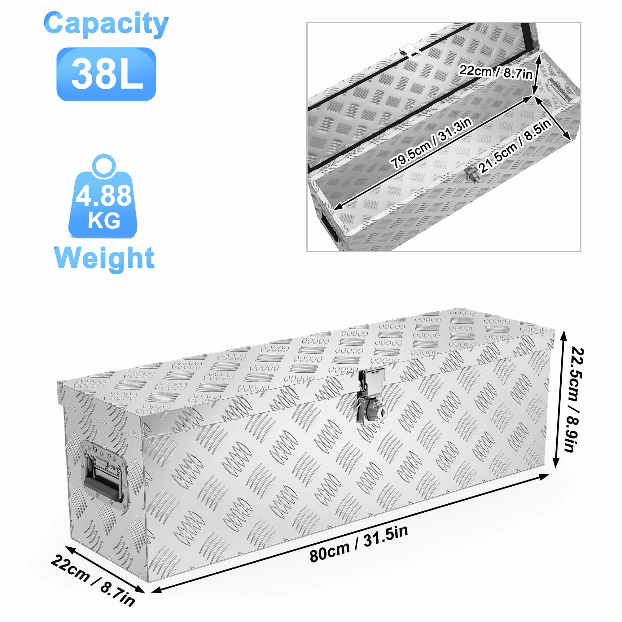 FIVMEN Aluminiowa skrzynka z pokrywką, aluminiowa skrzynka transportowa, skrzynka na narzędzia z zamkiem i kluczami i uchwytem, skrzynka transportowa, skrzynka aluminiowa, 80 x 22 x 23 cm, srebrna