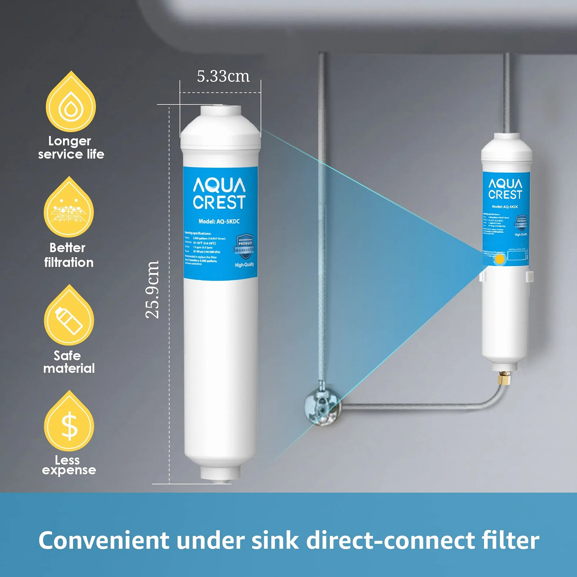 AQUACREST 5KDC Inline System Filtracji Wody Pod Zlewem, Bezpośrednie Połączenie, 12 Miesięcy Wysoka Pojemność