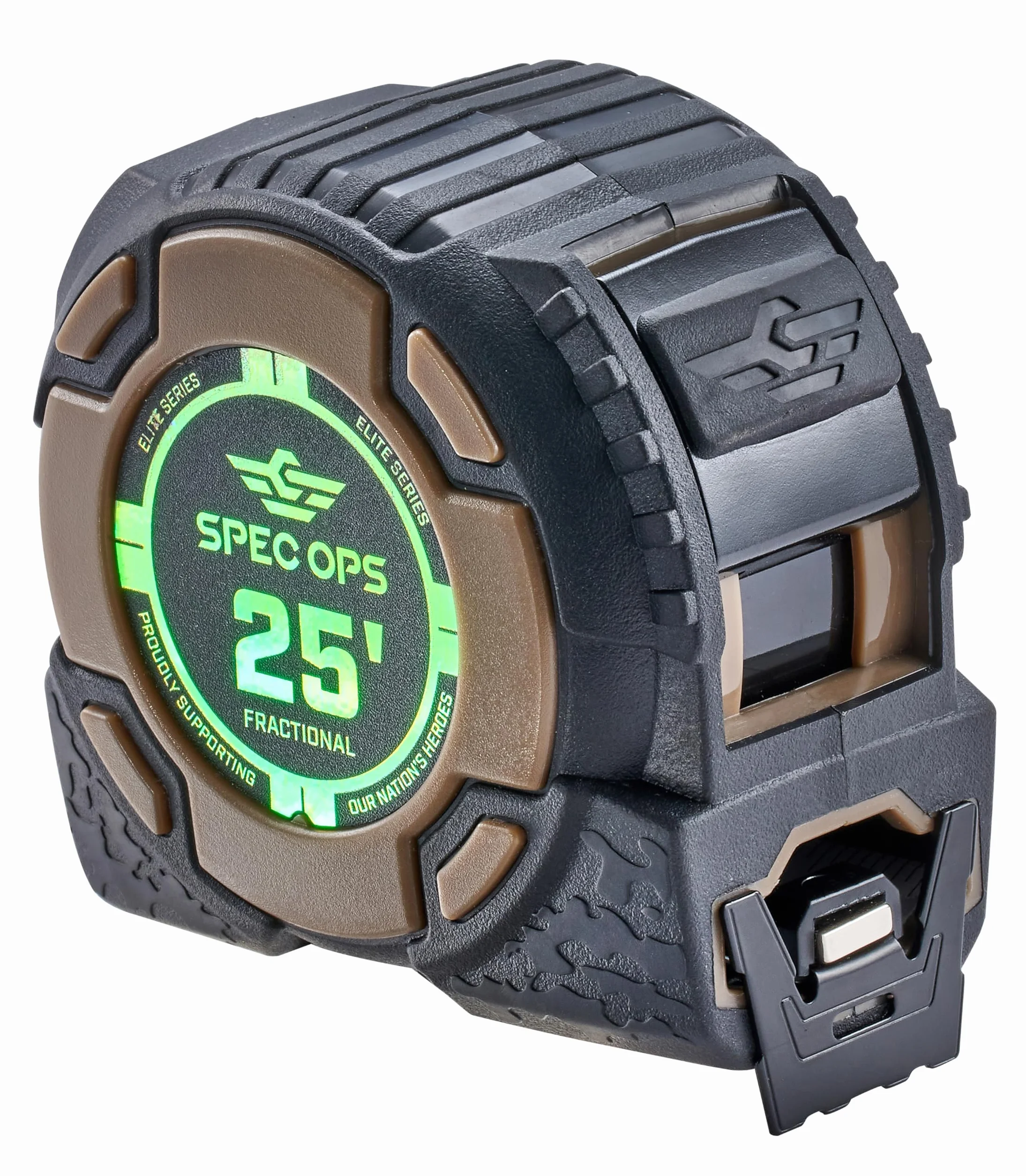 Spec Ops Tools Taśma magnetyczna z serii Elite, 25 m, dwustronne ostrze 3,6 cm, zawiera oznaczenia ułamkowe, 30 m wyróżniających się, obudowa kompozytowa klasy wojskowej, 3% darowizny weteranom