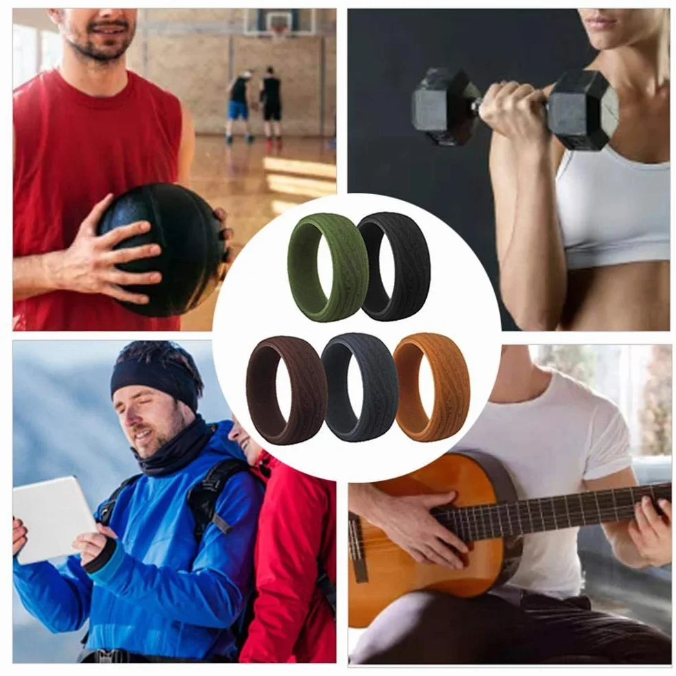 5 szt. Silikonowa obrączka ślubna dla mężczyzn kora tekstura obrączki ślubne pierścionki dla sportowców crossfit trening, Silikon