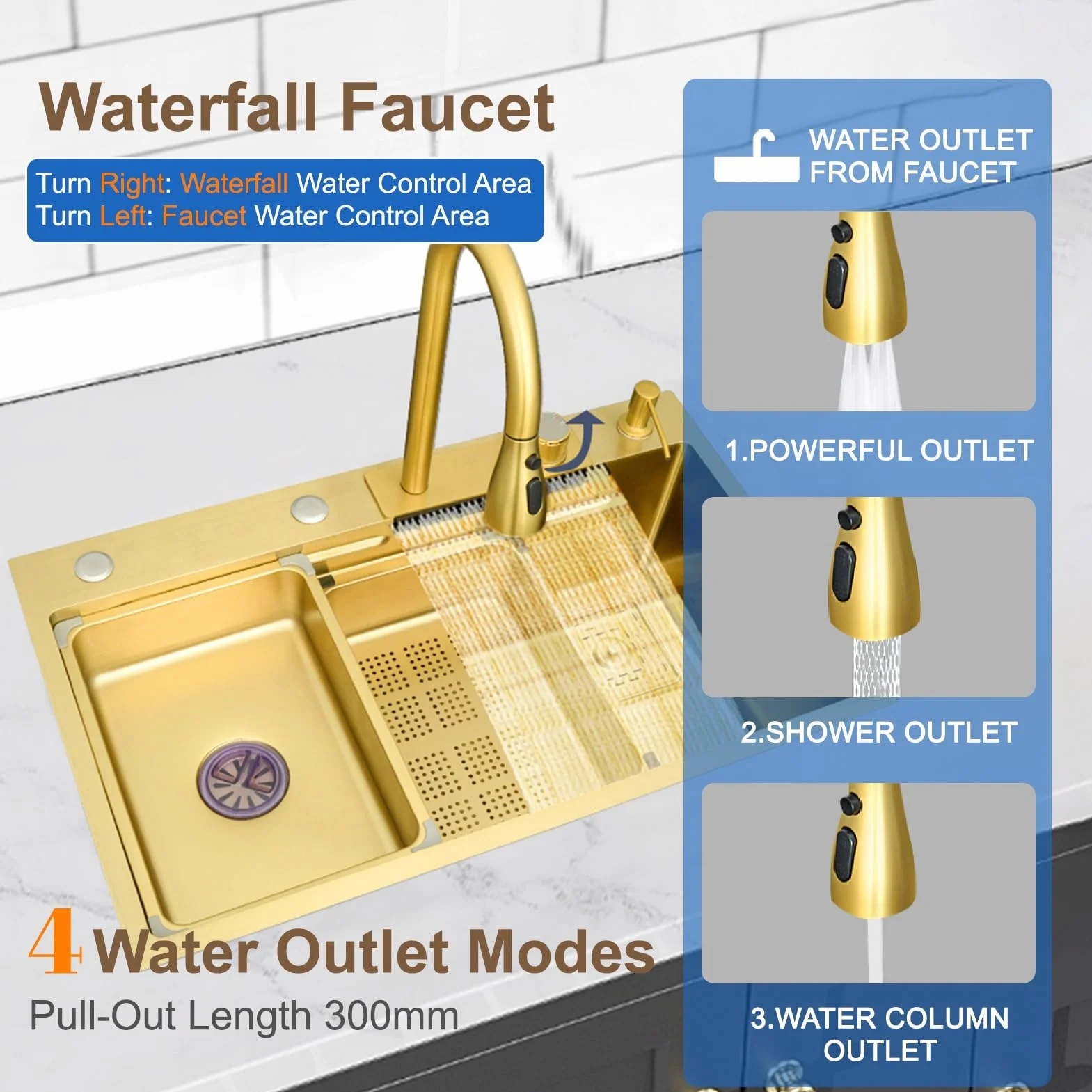 Stainless Steel Waterfall Kitchen Sink Combo With Pull-Out Faucet Nano-Coated Topmount Single Bowl Workstation Sink With Accessories, Pressure Pot Washer, Cutting Board, Draining Basket(Gold,68x45cm)