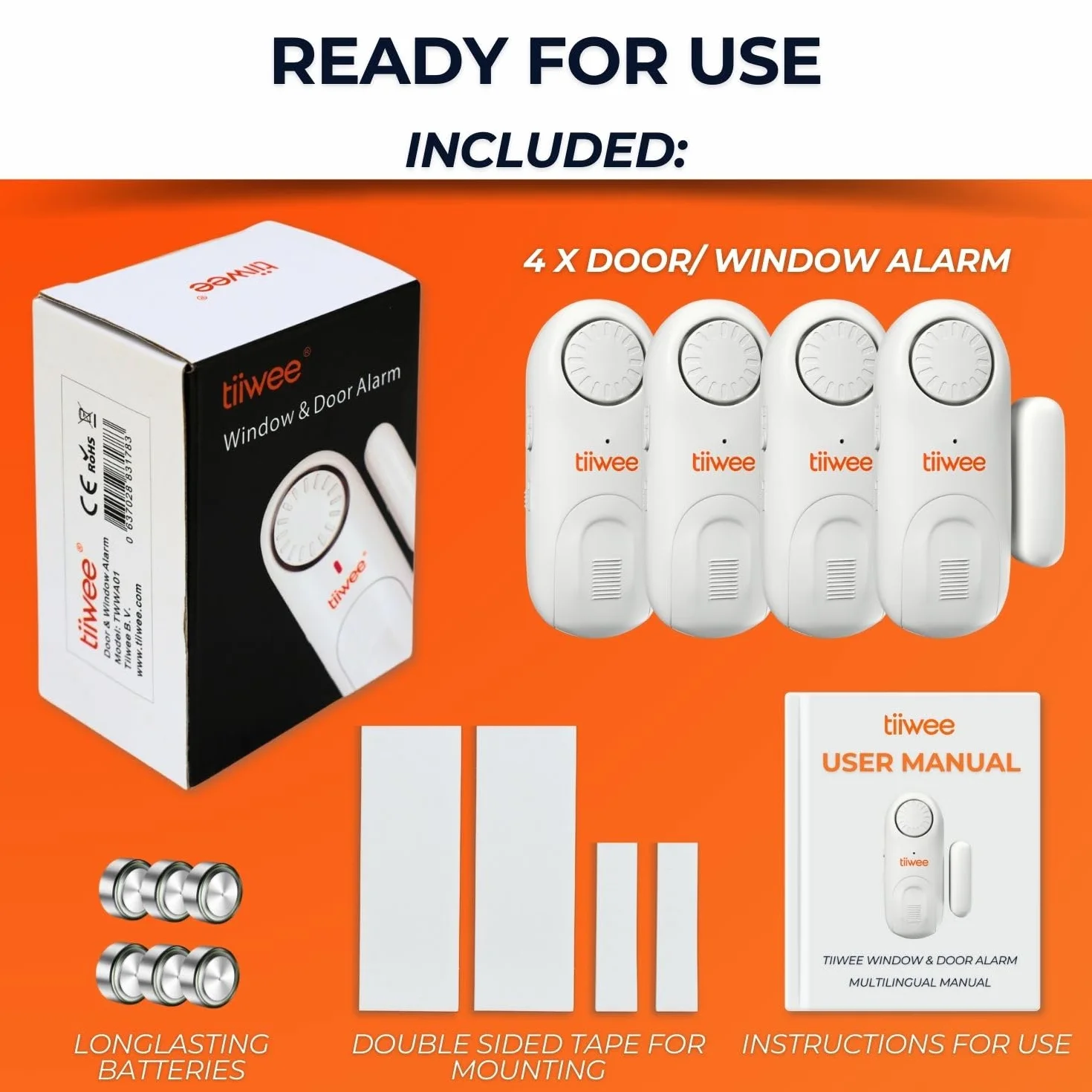 tiiwee Alarm okienny do drzwi 120 dB ochrona przed włamaniem – zestaw 4 szt. z bateriami