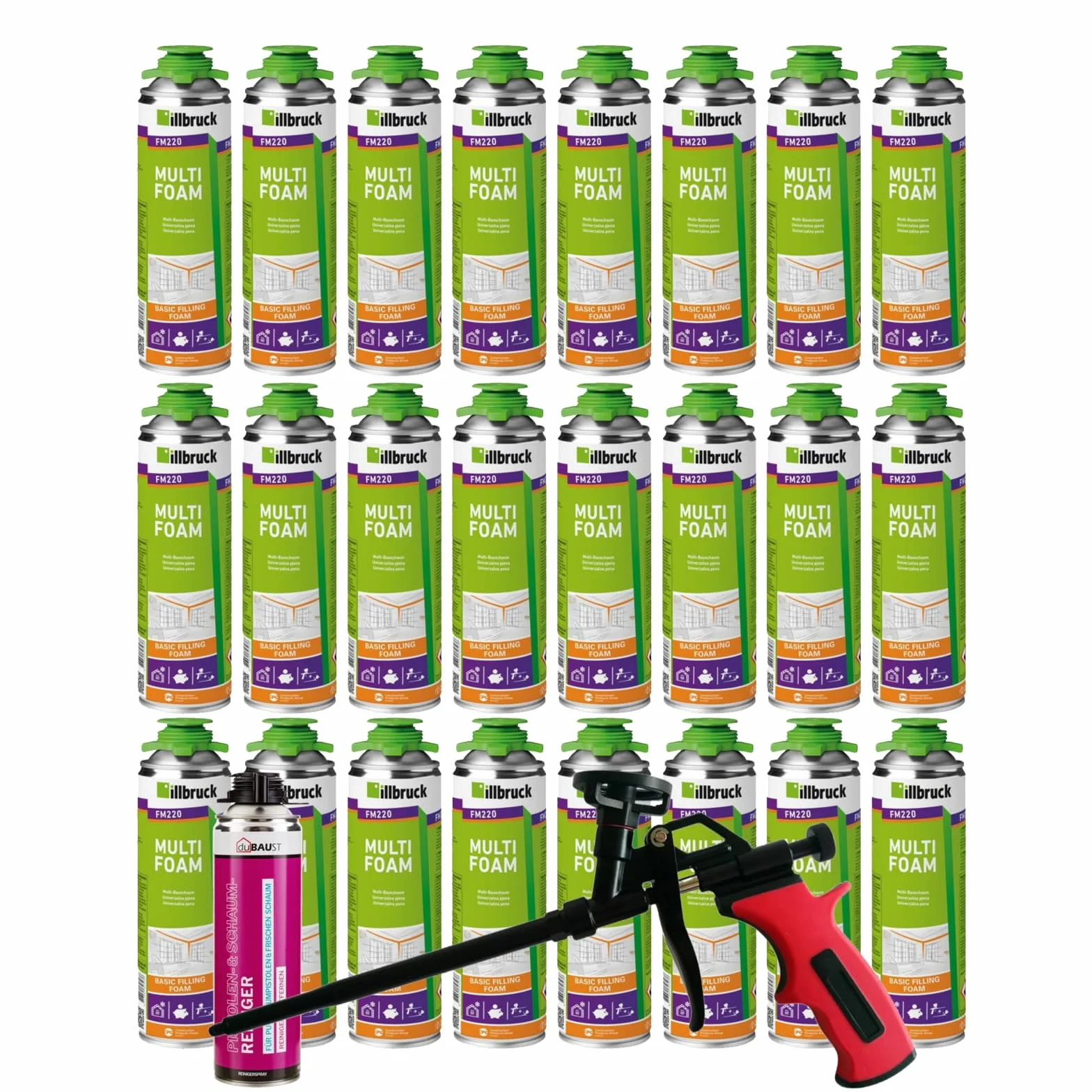 FM220 pianka budowlana, pianka montażowa, pianka do pistoletu, pianka okienna, wysoka izolacja akustyczna, izolacja cieplna, 500 ml, zestaw kombi (z środkiem czyszczącym AA290 + pistolet piankowy