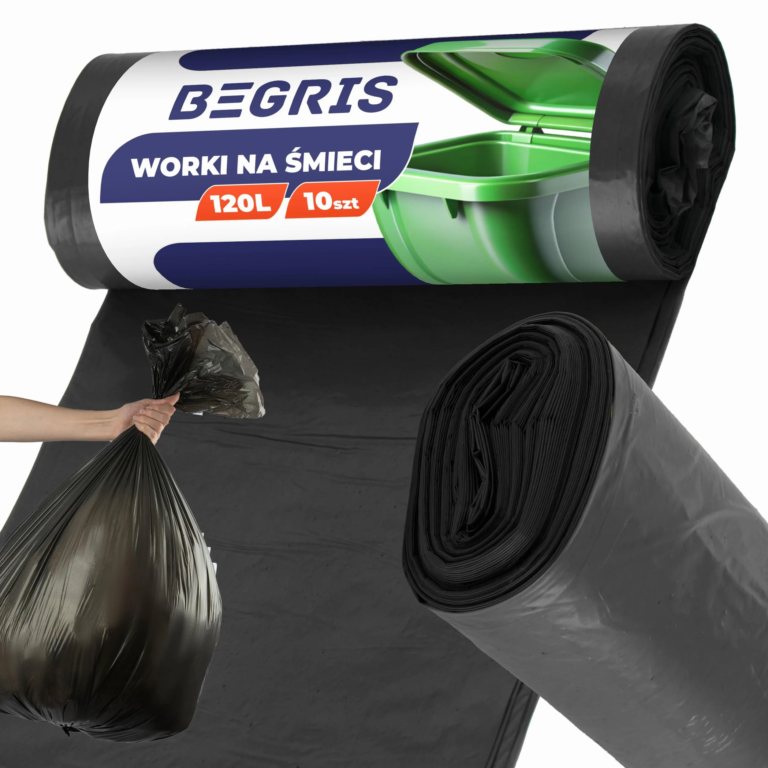 Worki na Śmieci Bardzo Mocne 120L Rolka 10 szt Wytrzymałe Materiał LDPE w Rulonie do Pracy, Domu, Garażu Neutralizujące Zapach