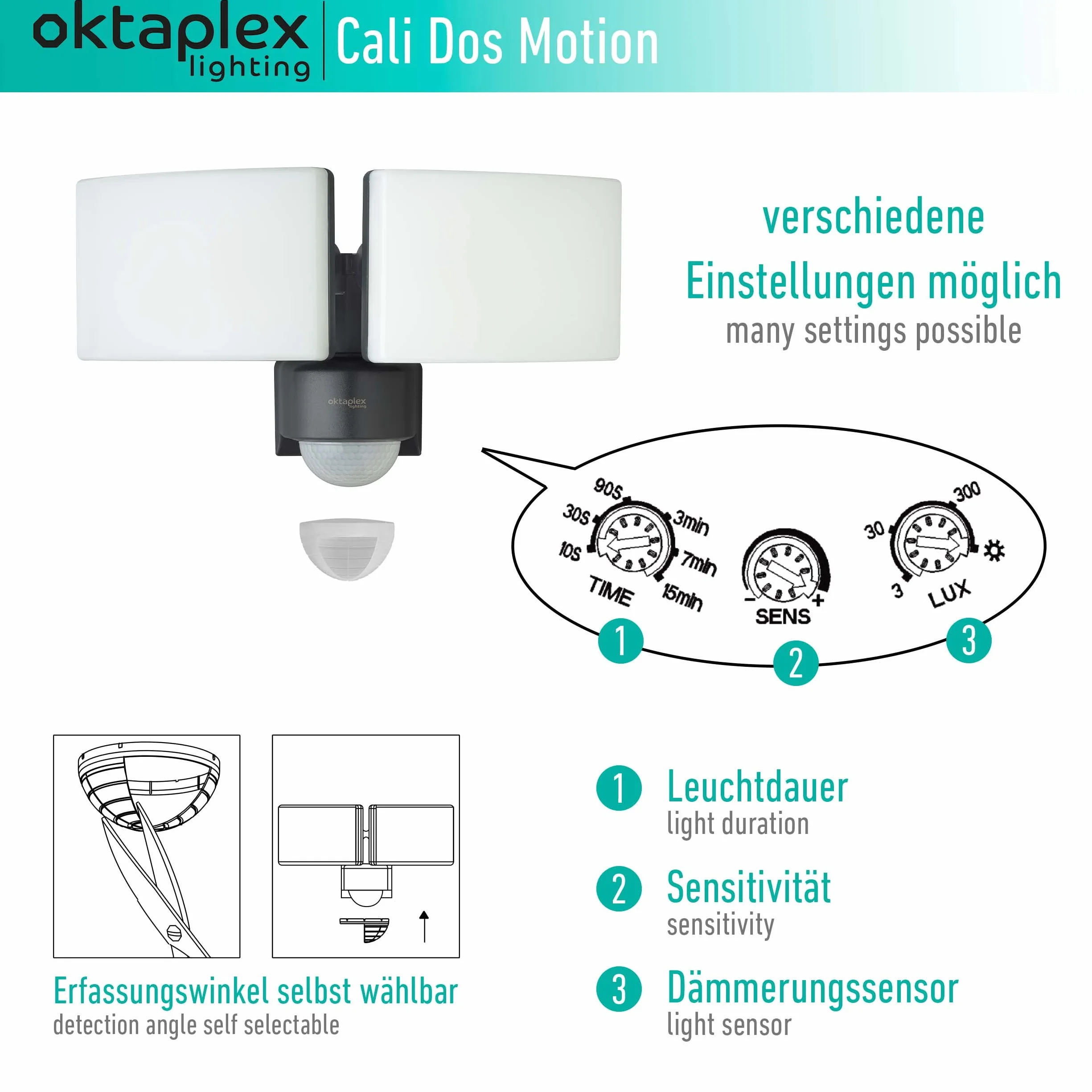 Oktaplex lighting Cali Dos Motion reflektor LED z czujnikiem ruchu, IP65, dwie głowice, 40 W, 3000 K, ciepła biel, reflektor zewnętrzny, antracyt z funkcją Master