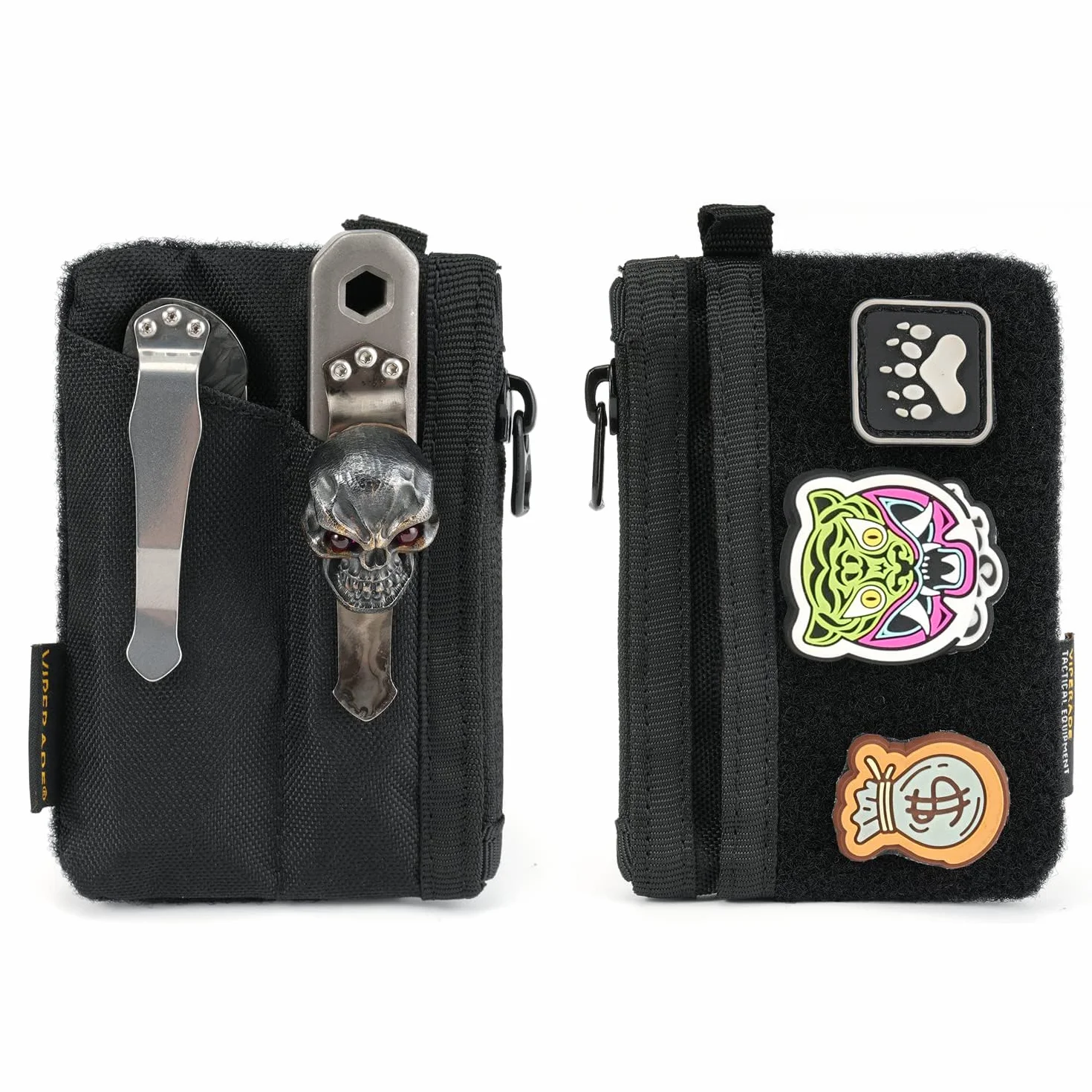 VIPERADE VE17 Mały woreczek EDC, organizer kieszonkowy EDC z obszarem naszywki DIY, mini woreczek EDC z kieszenią na zamek błyskawiczny, mała kieszeń na karty, 2 przegródki na EDC (czarna)