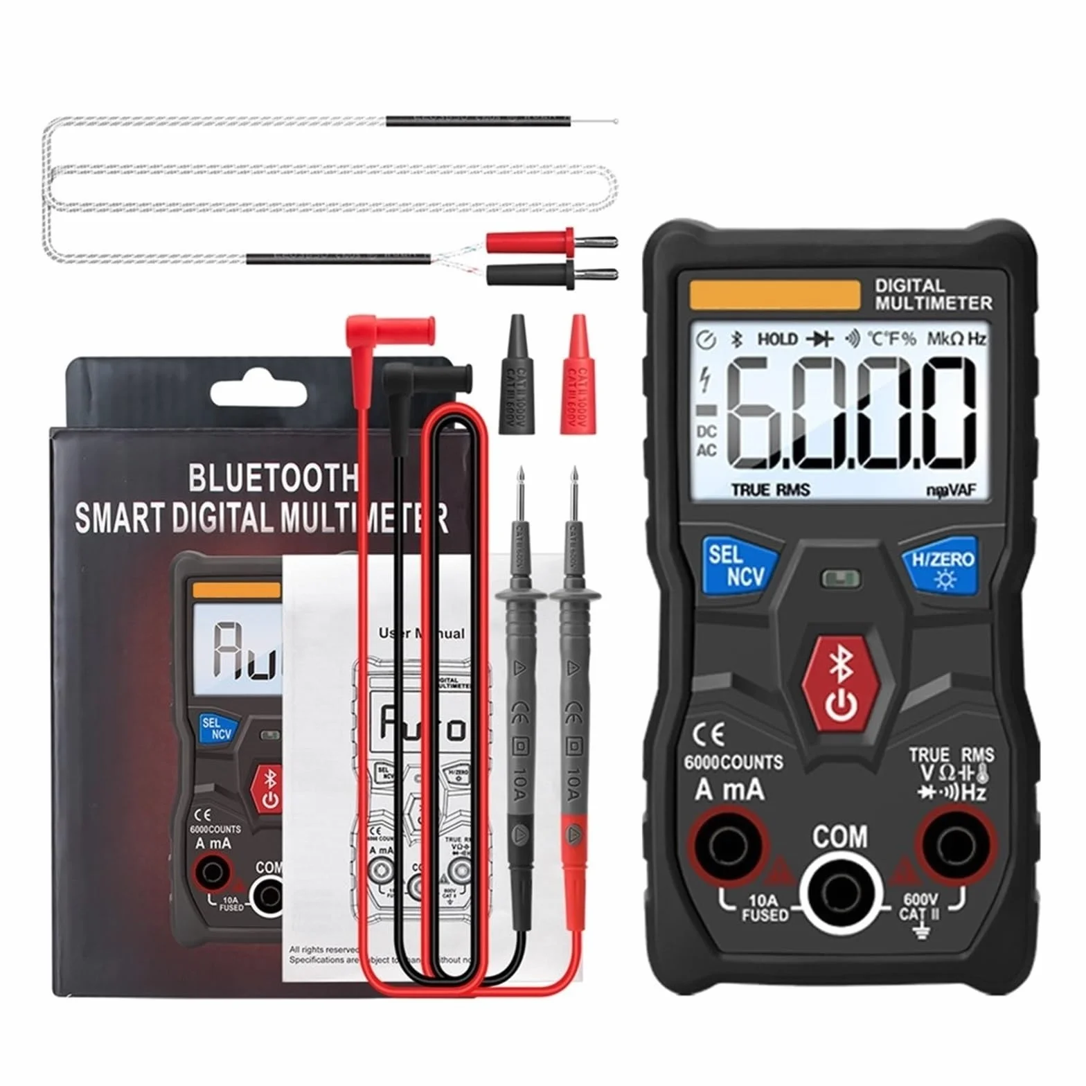 Cyfrowy Multimetr Analogowy Bluetooth 6000 Zlicza True AC/DC Napięcie Prądu Pojemność Tester Samochodowy Miernik Szybko Dokładnie Łatwy Odczyt(Red)